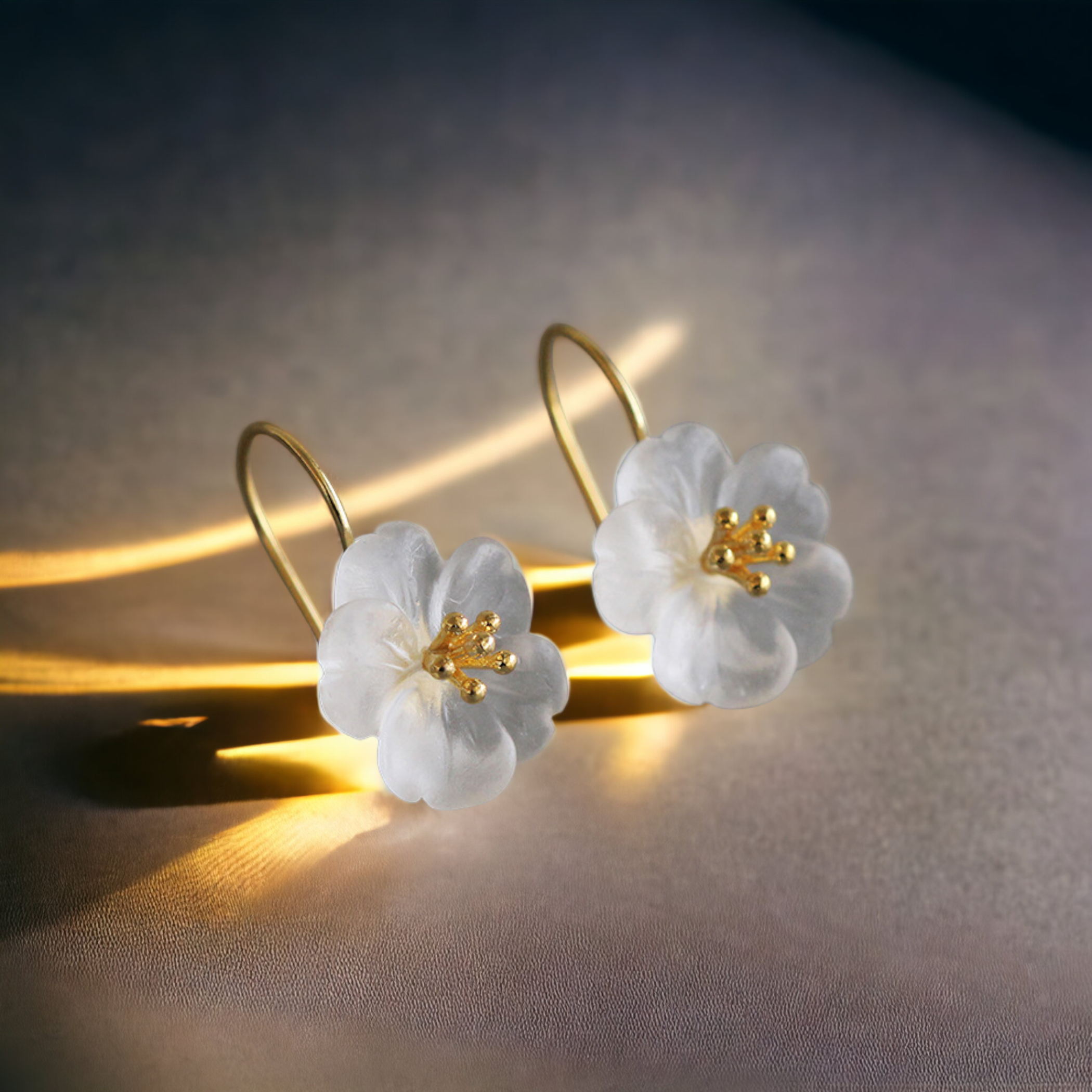 Earrings Vermeil silver 925 Hook Flower of Quartz Blanc CY11