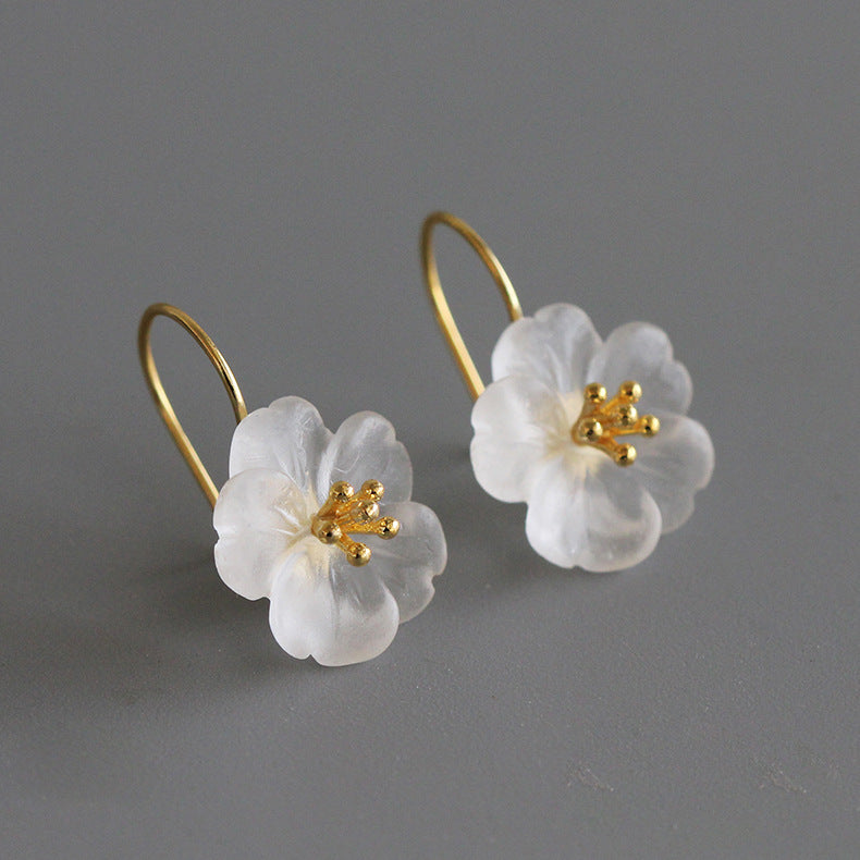 Earrings Vermeil silver 925 Hook Flower of Quartz Blanc CY11