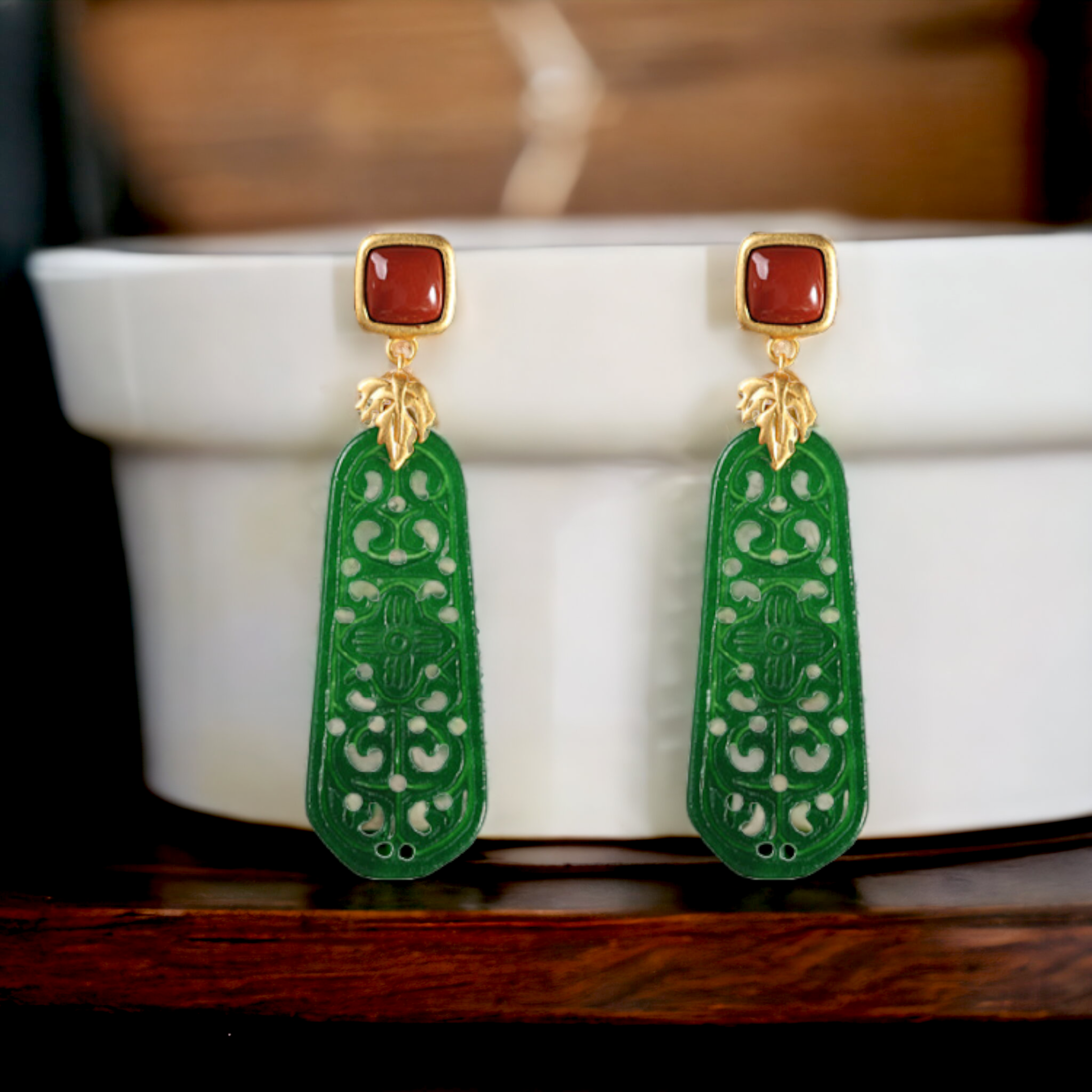 Earrings Post Vermeil Agate Rouge Sculptured Greed Jade BE3