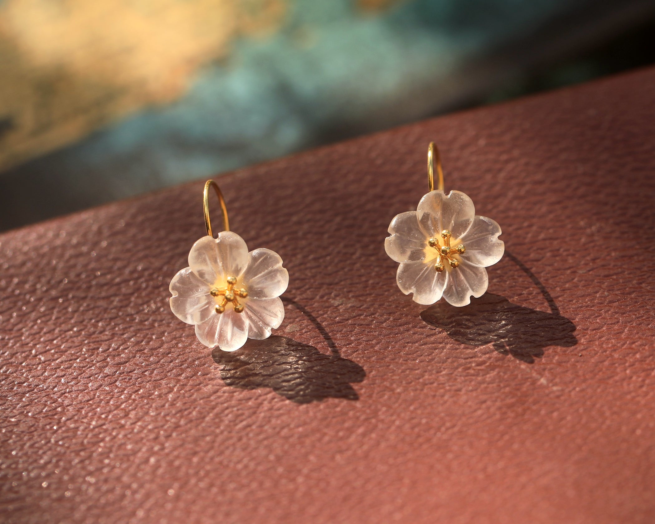 Earrings Vermeil silver 925 Hook Flower of Quartz Blanc CY11