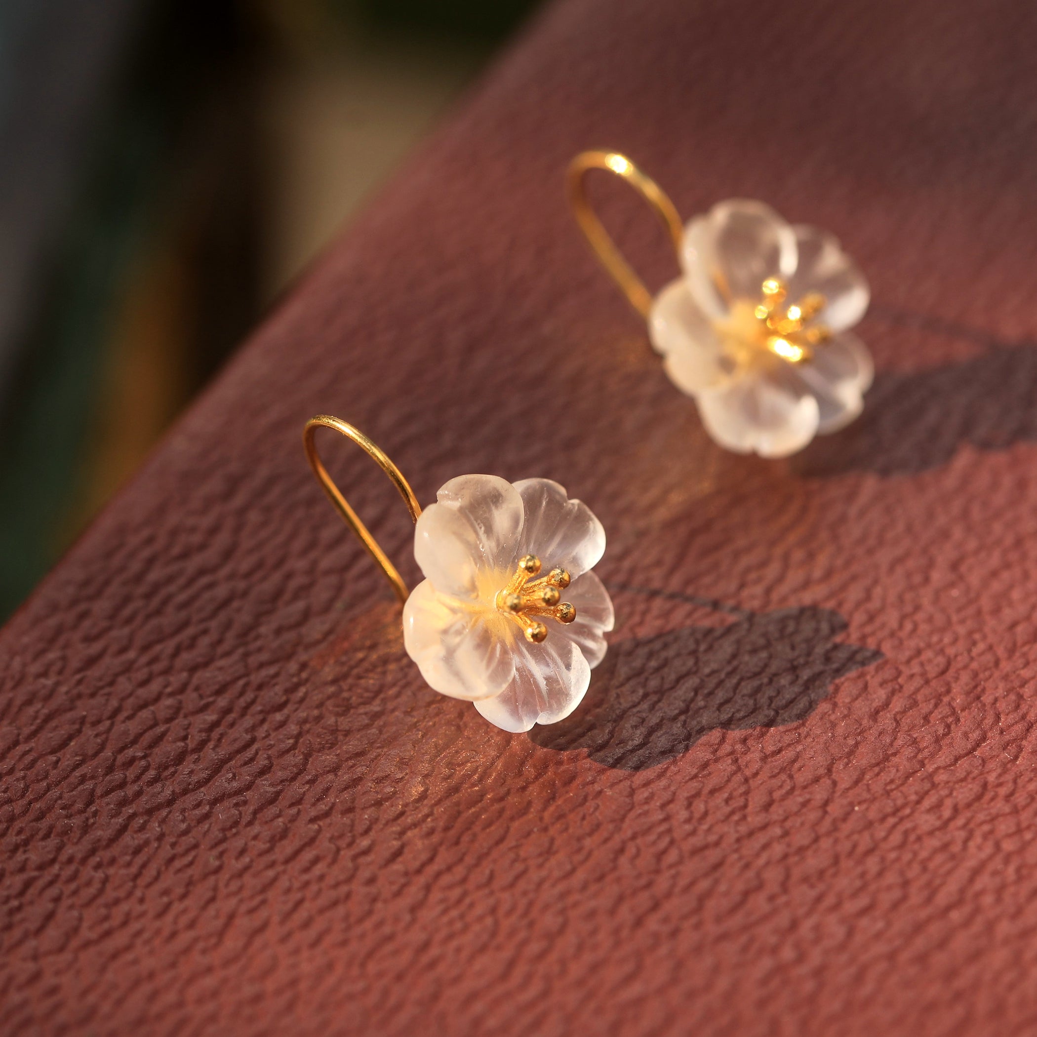 Earrings Vermeil silver 925 Hook Flower of Quartz Blanc CY11