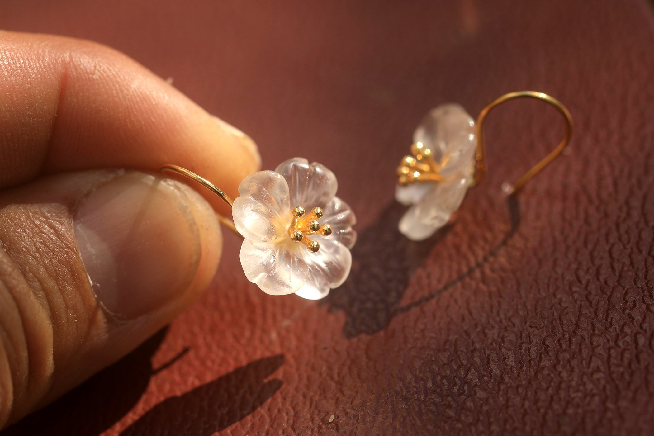 Earrings Vermeil silver 925 Hook Flower of Quartz Blanc CY11