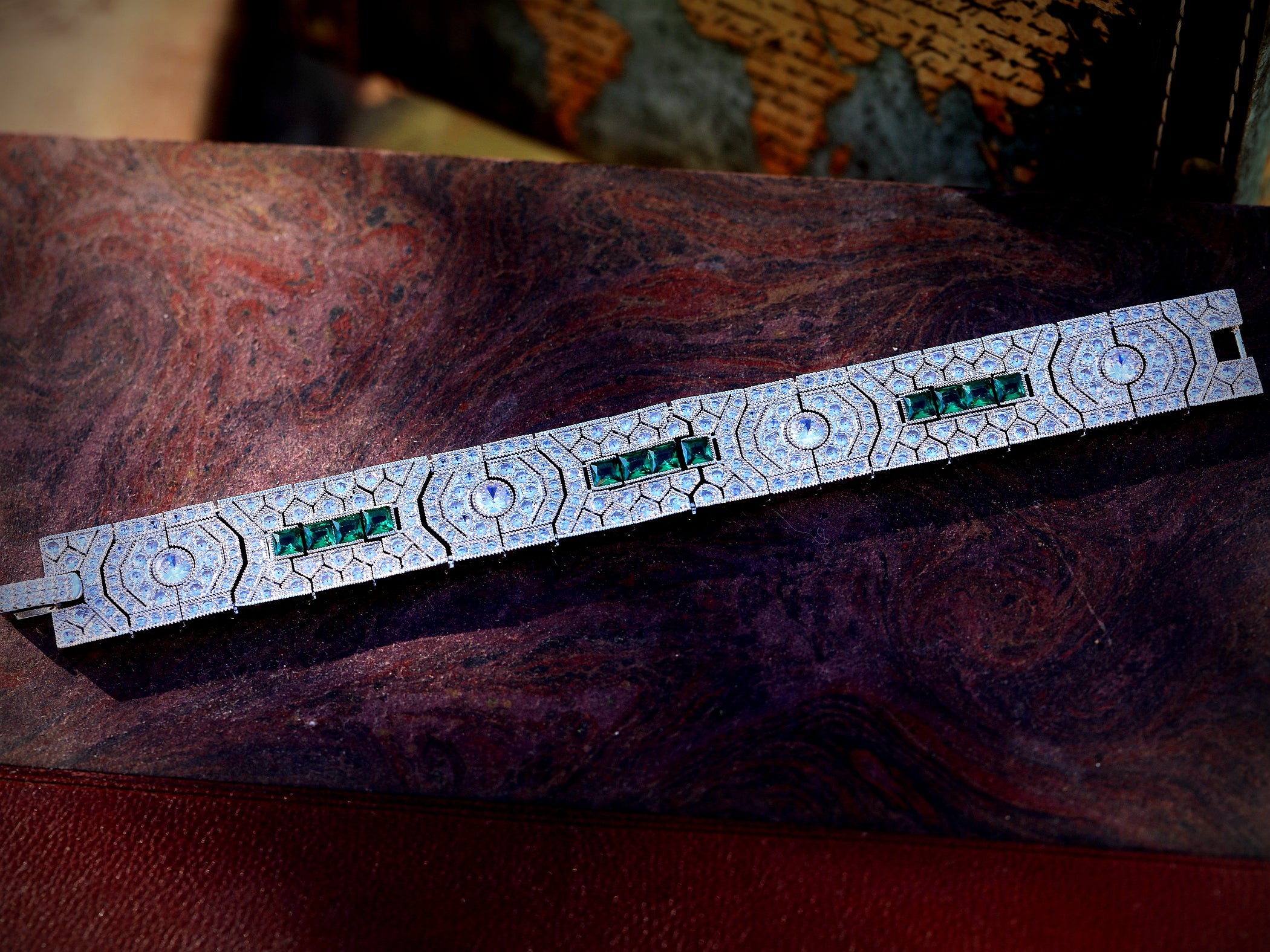 Bracelet Silver Art Deco CZ White Green Blue Red BE2