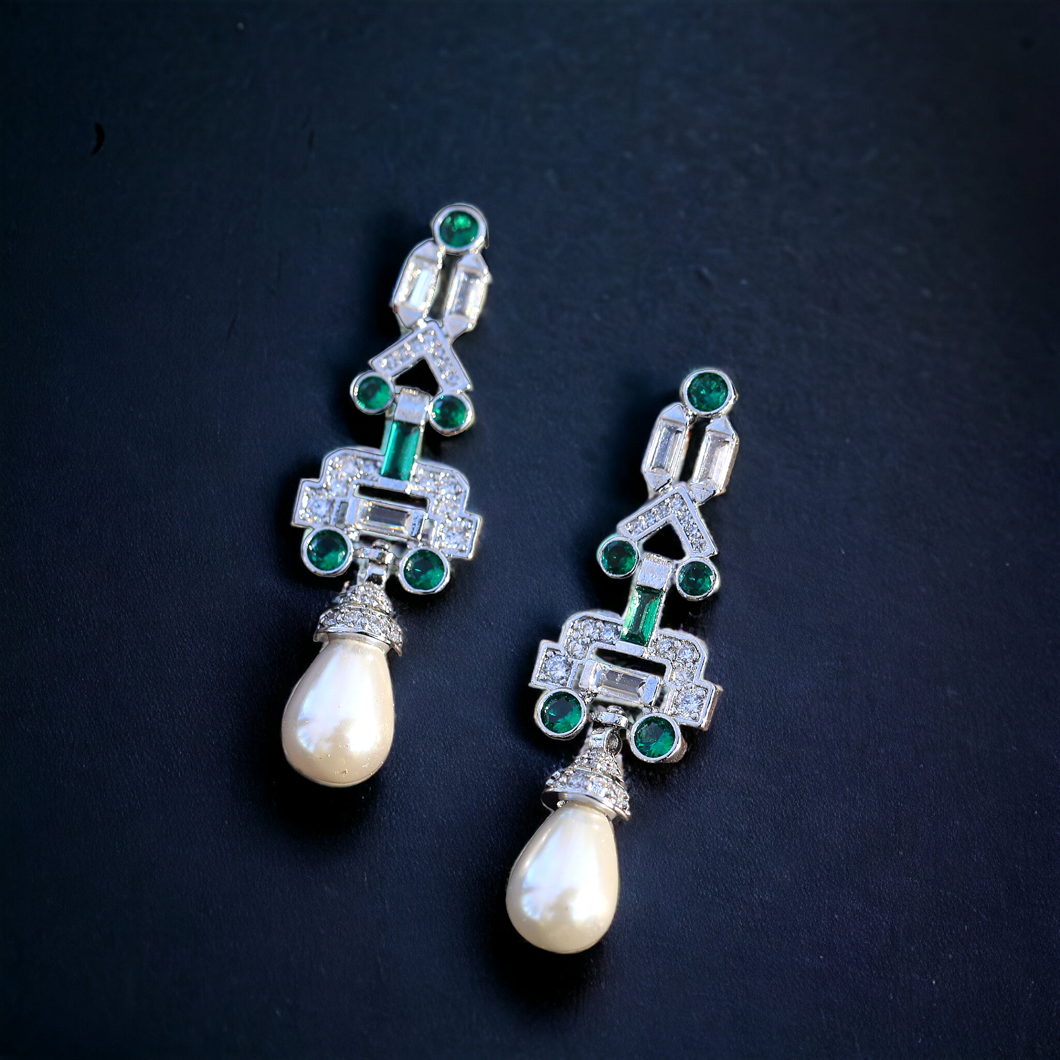 Earrings Post Clip on Silver Art Deco Pearl CZ White Green Blue SB1