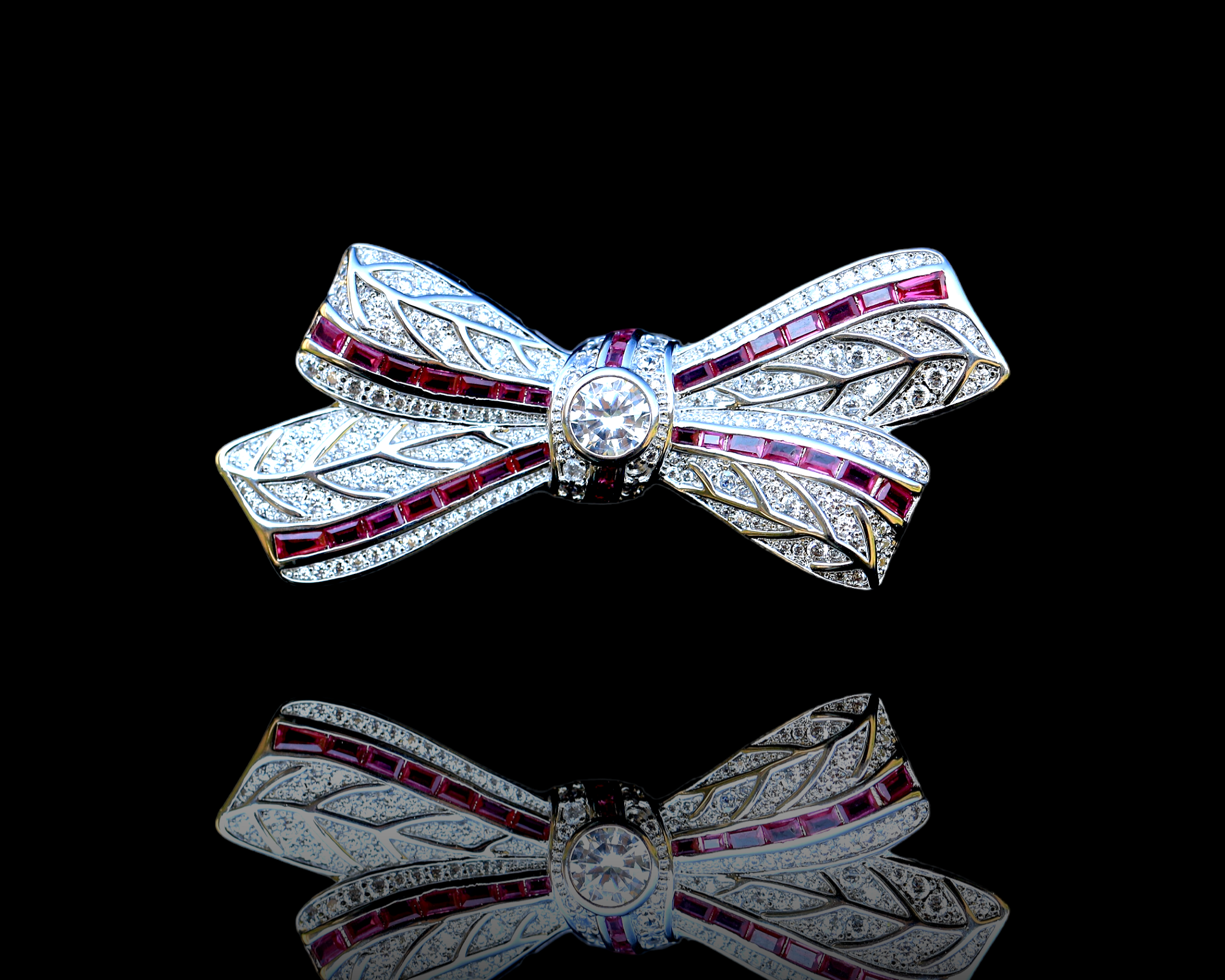 Brooch Art Deco Bow CZ White Green Red BE1