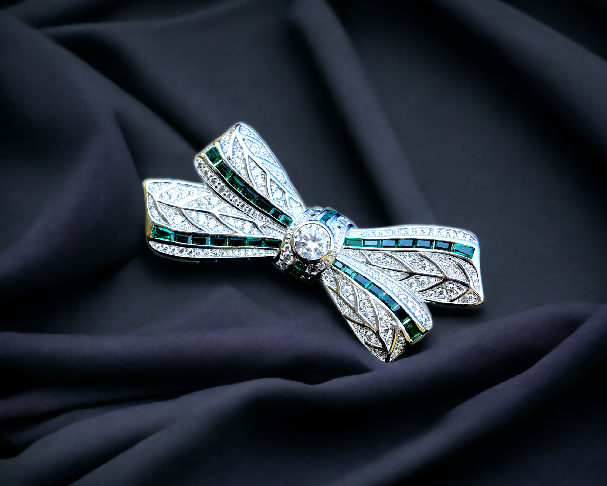 Brooch Art Deco Bow CZ White Green Red BE1