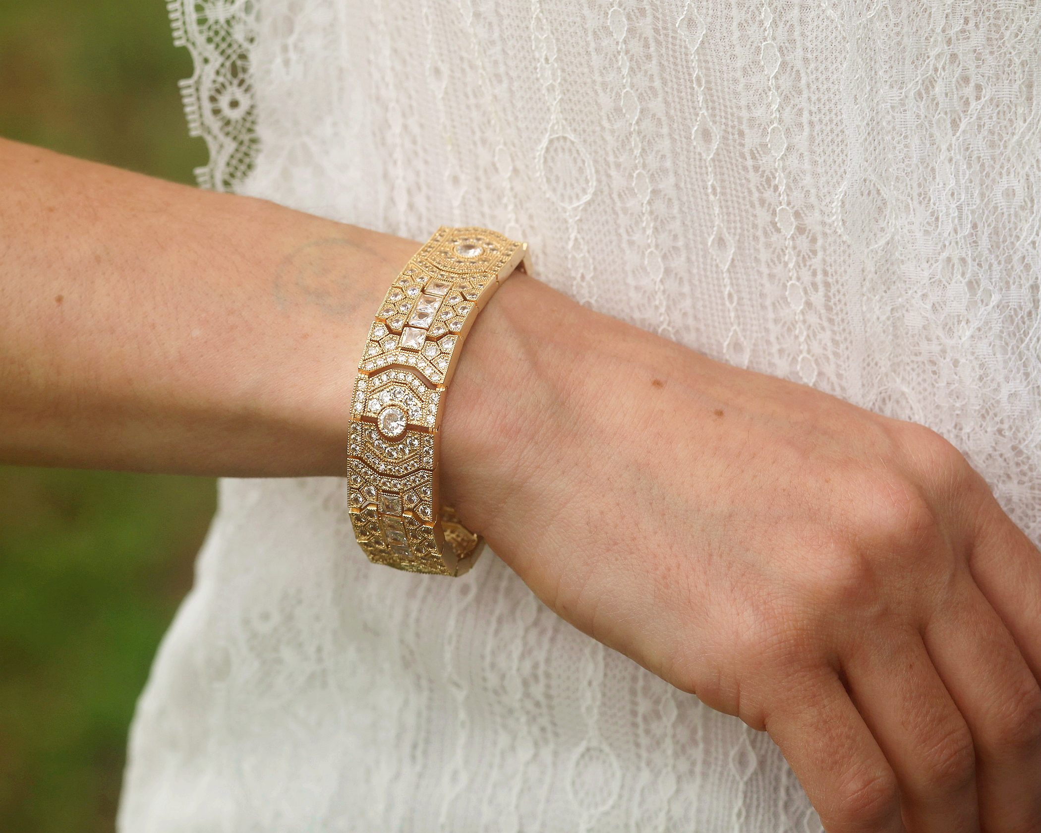 Bracelet Gold Art Deco CZ White Green Blue BE2