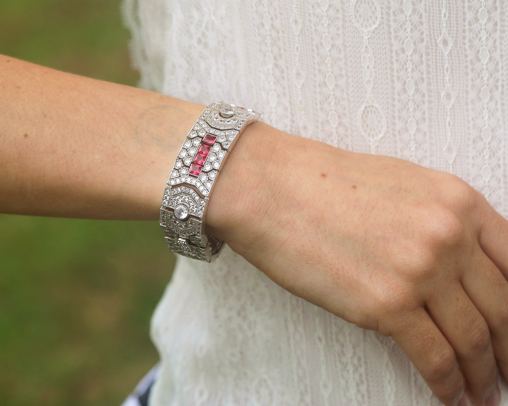 Bracelet Silver Art Deco CZ White Green Blue Red BE2