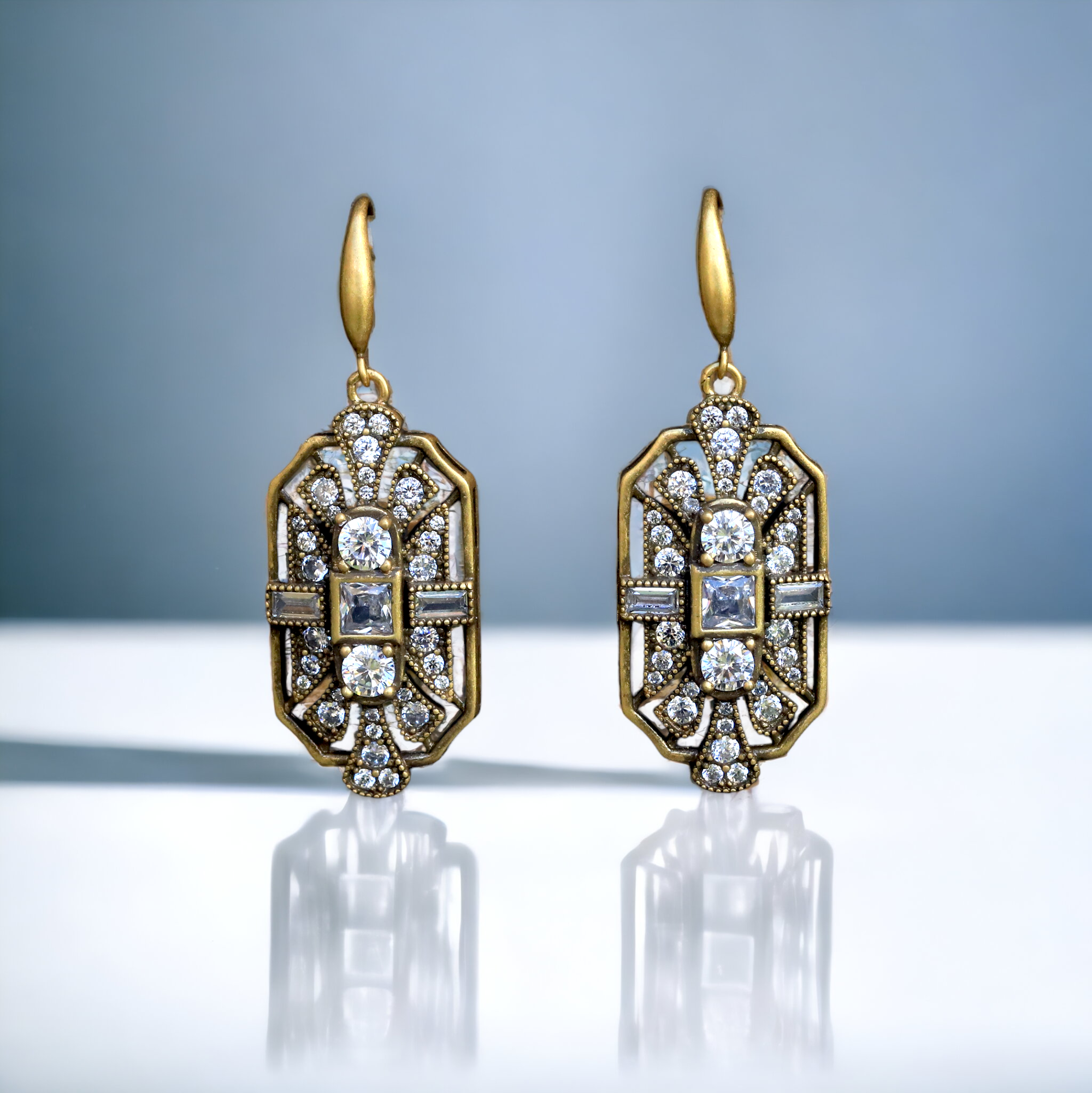 Earrings Vermeil silver 925 Lever Back Art Deco CZ White BE3