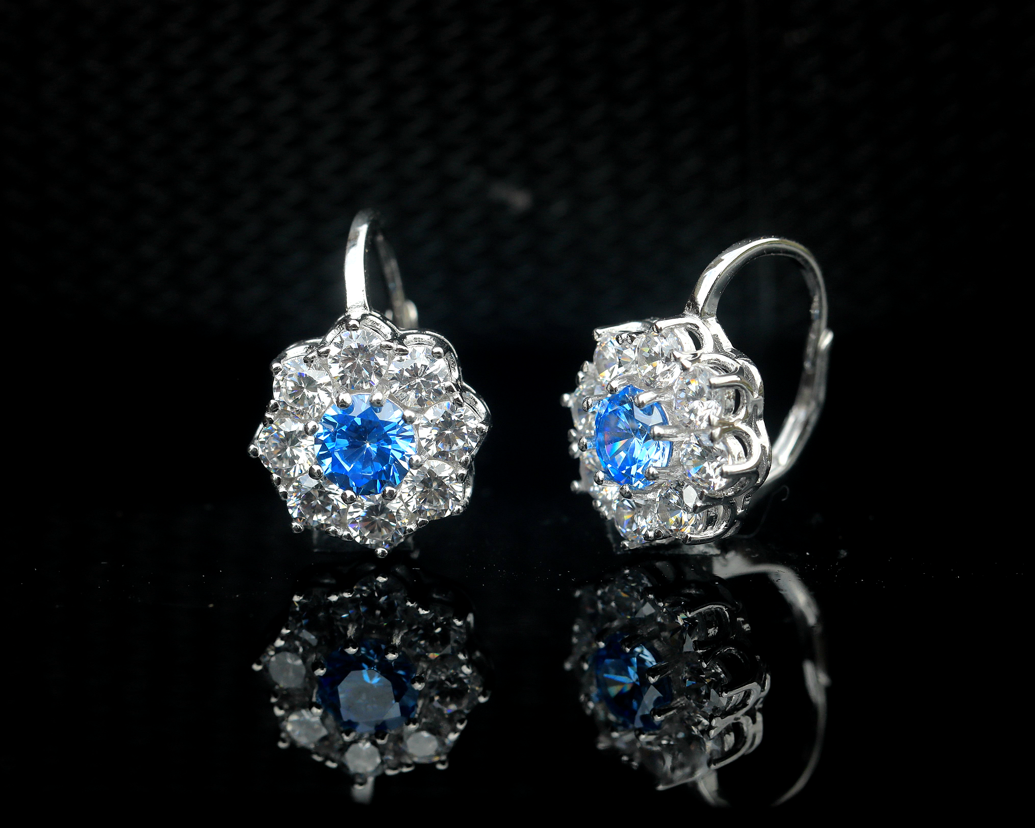 Earrings Sterling silver 925 Lever Back Floral CZ White Blue Green BE3