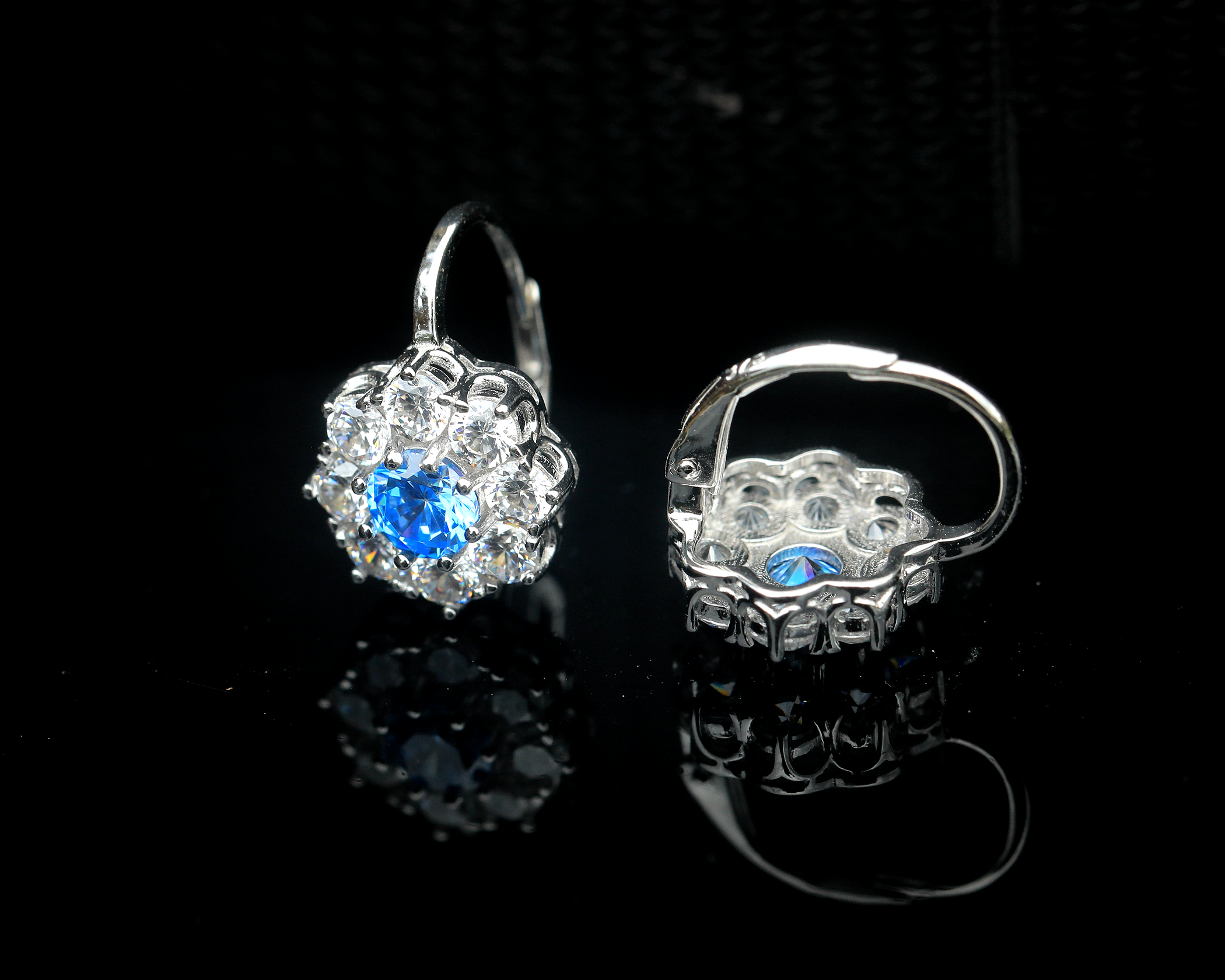 Earrings Sterling silver 925 Lever Back Floral CZ White Blue Green BE3