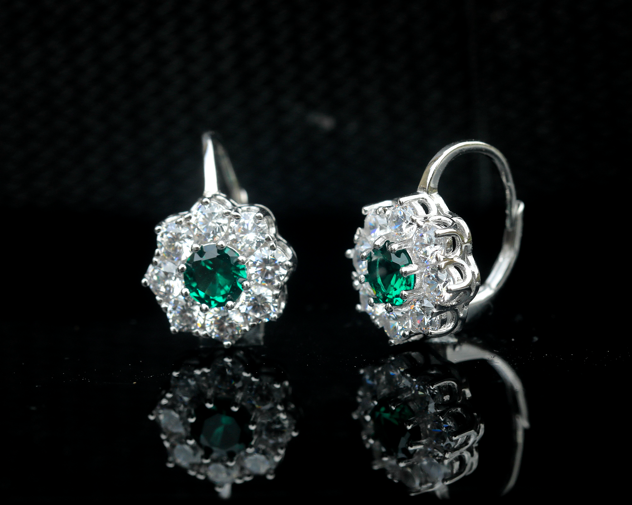 Earrings Sterling silver 925 Lever Back Floral CZ White Blue Green BE3