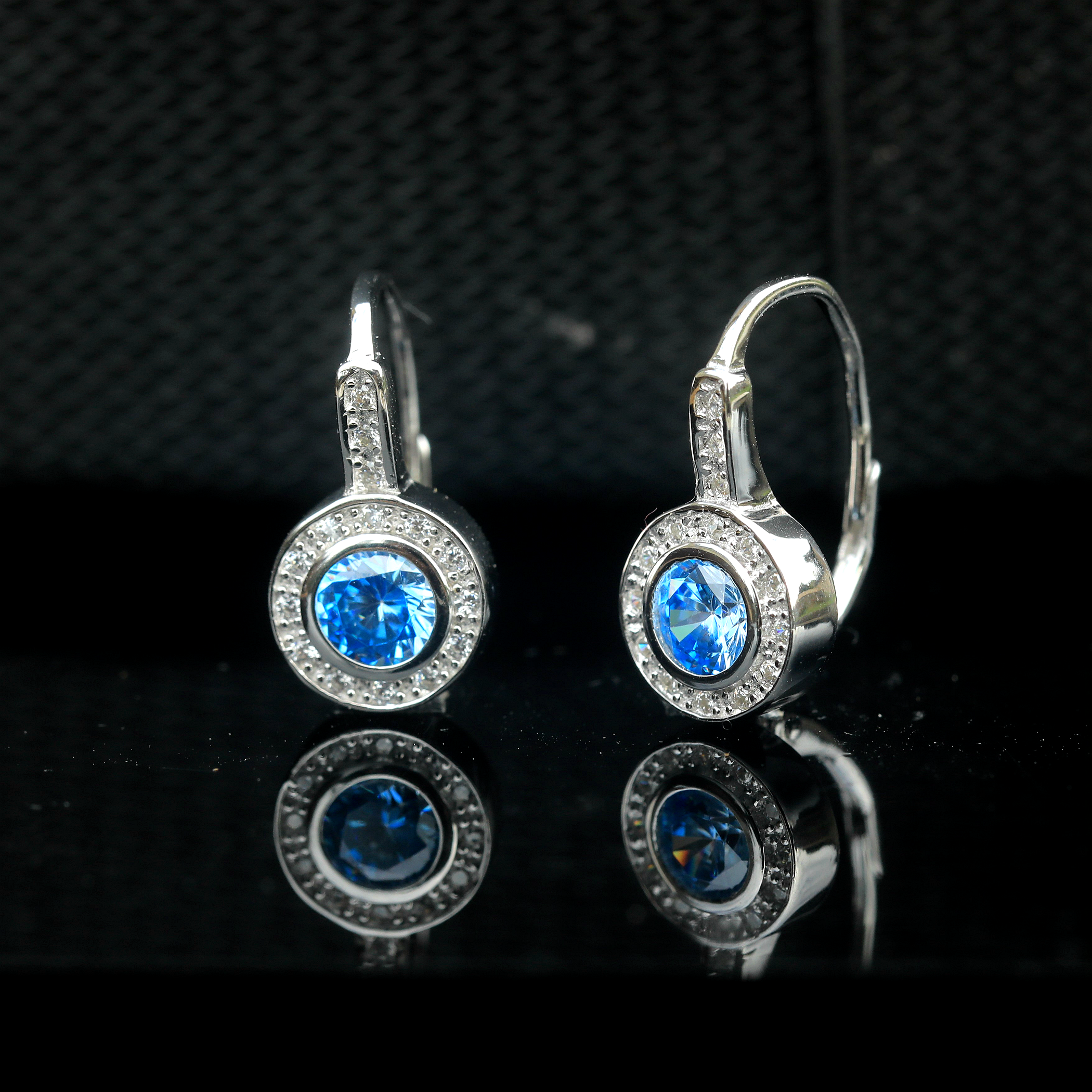 Earrings Sterling silver 925 Lever Back Round CZ White Blue Green BE3