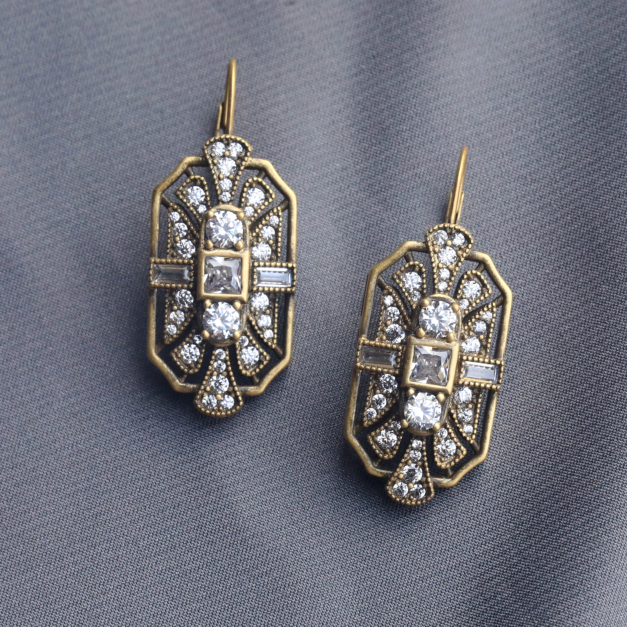 Earrings Vermeil silver 925 Lever Back Art Deco CZ White BE3