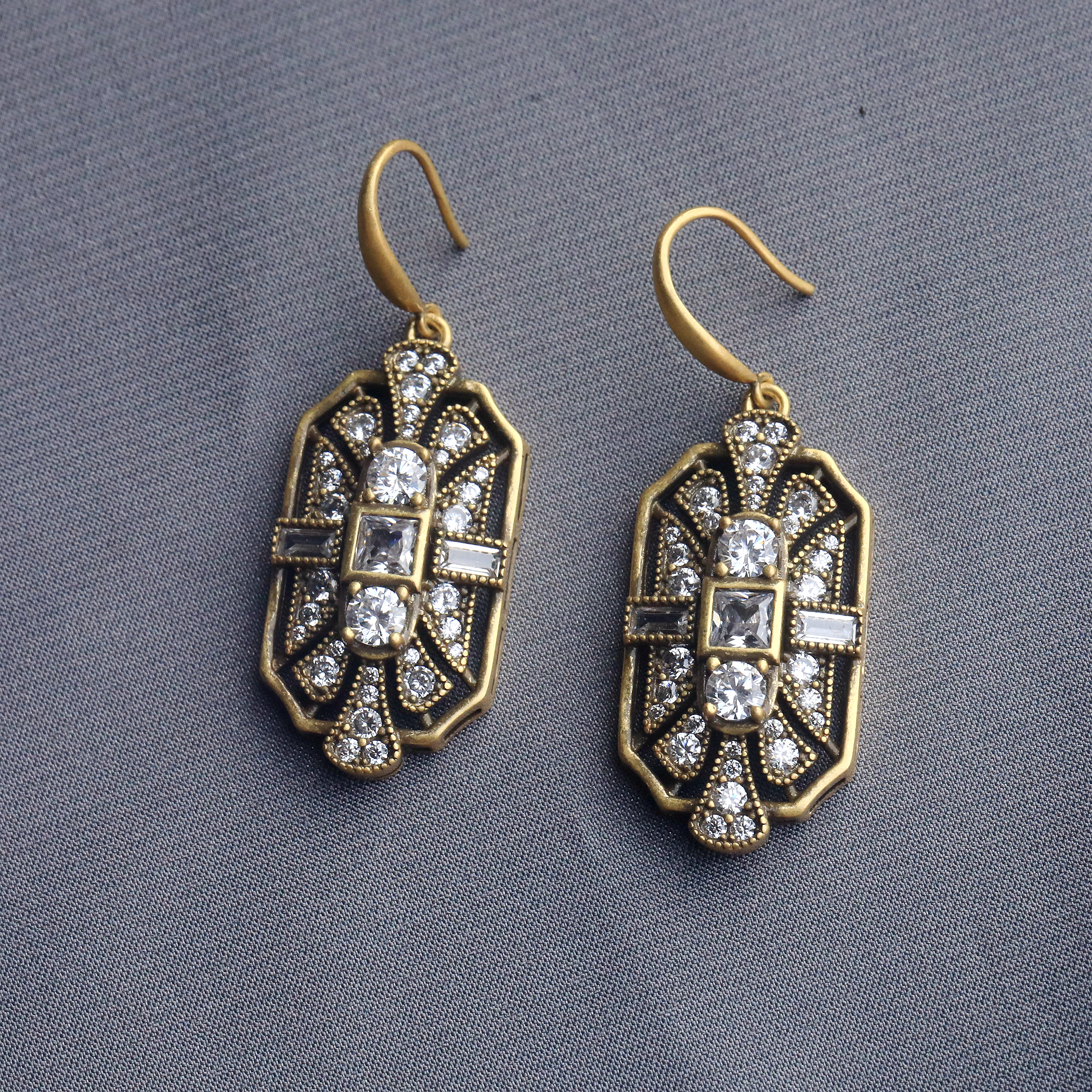 Earrings Vermeil silver 925 Lever Back Art Deco CZ White BE3