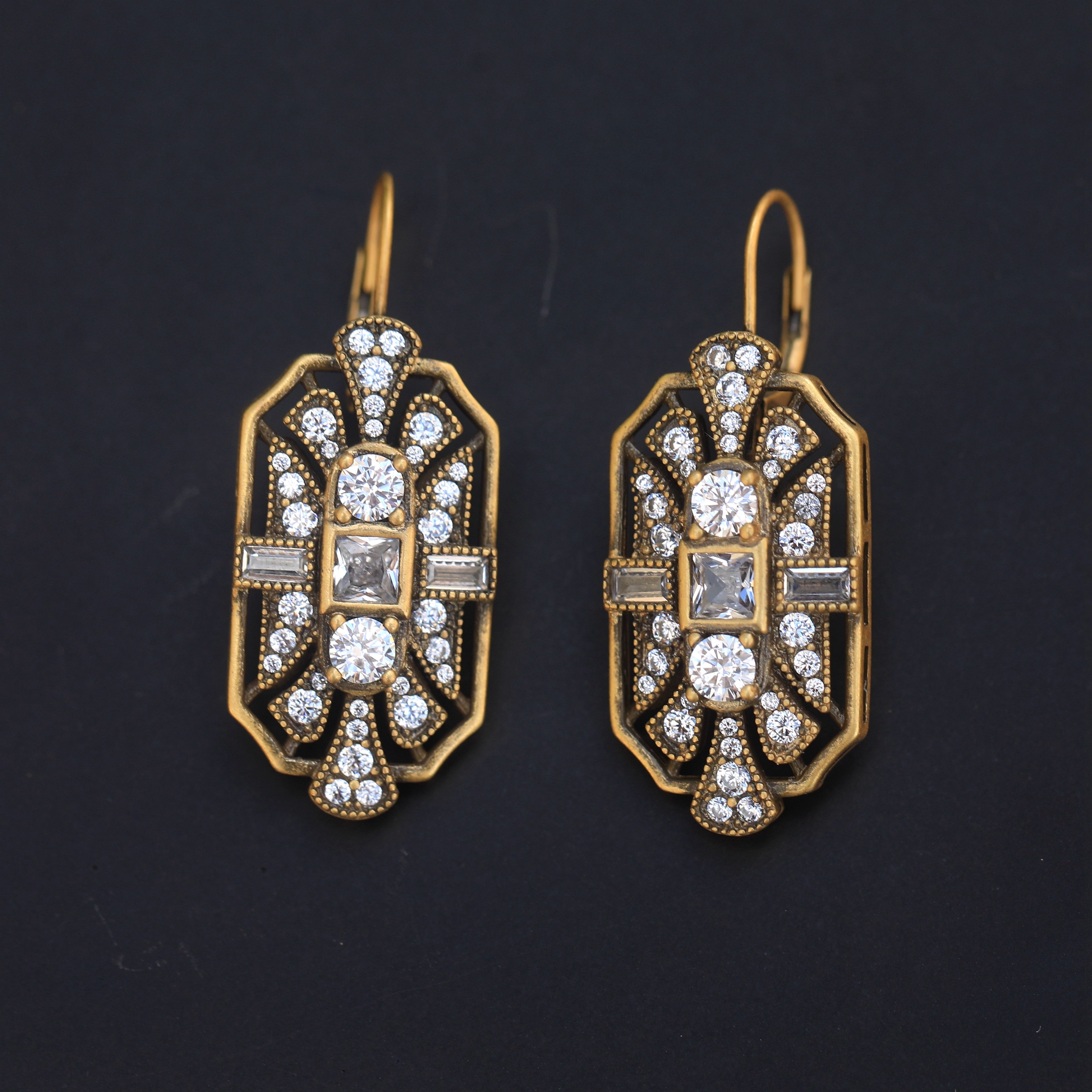 Earrings Vermeil silver 925 Lever Back Art Deco CZ White BE3