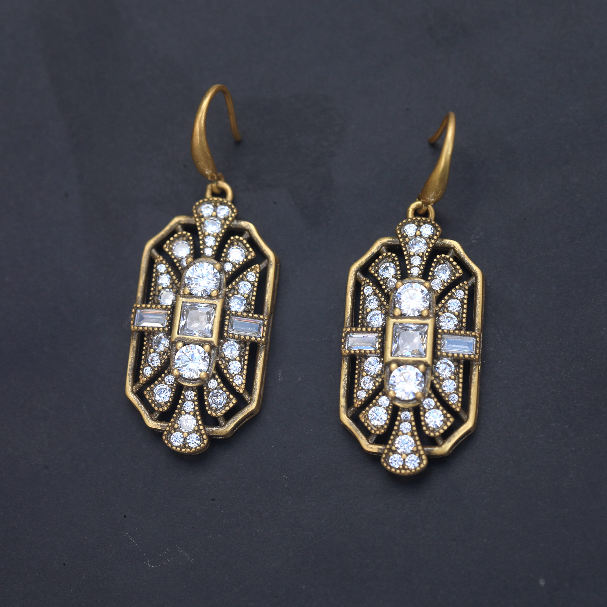 Earrings Vermeil silver 925 Lever Back Art Deco CZ White BE3