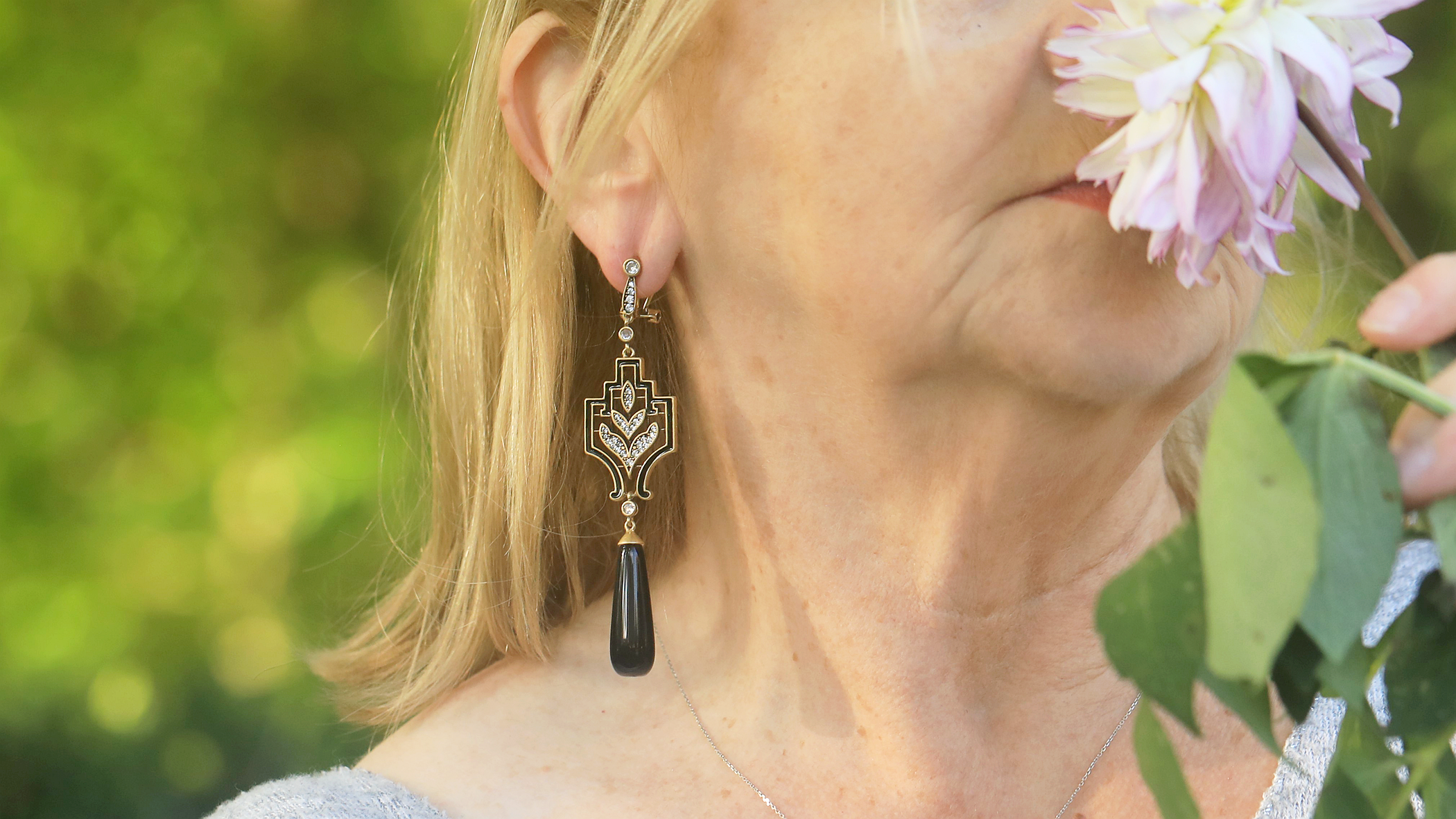 Earrings Art Deco Black Enamel Lever Back Clip on Black Agate QD33