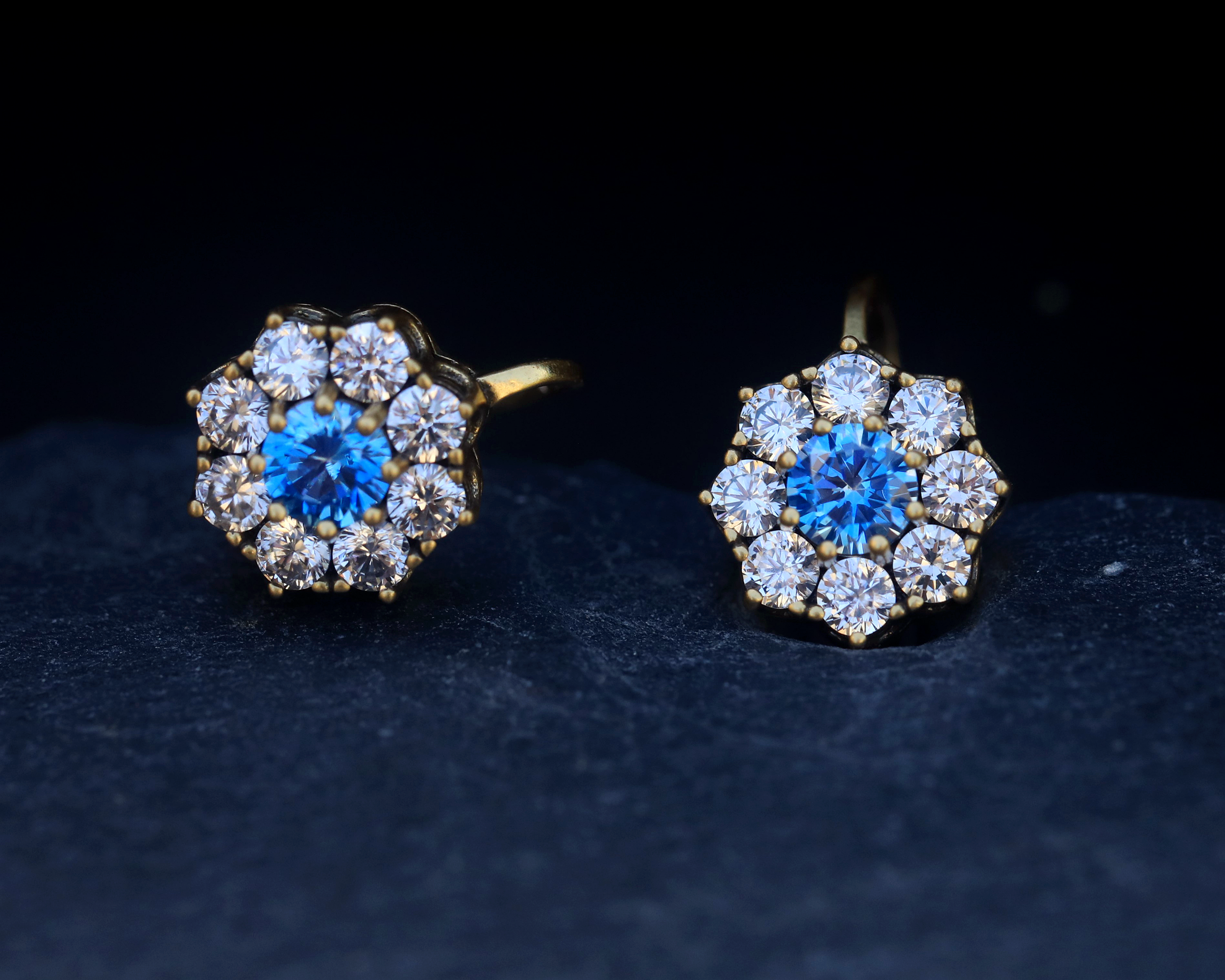 Earrings Vermeil silver 925 Lever Back Floral CZ White Blue Green BE3