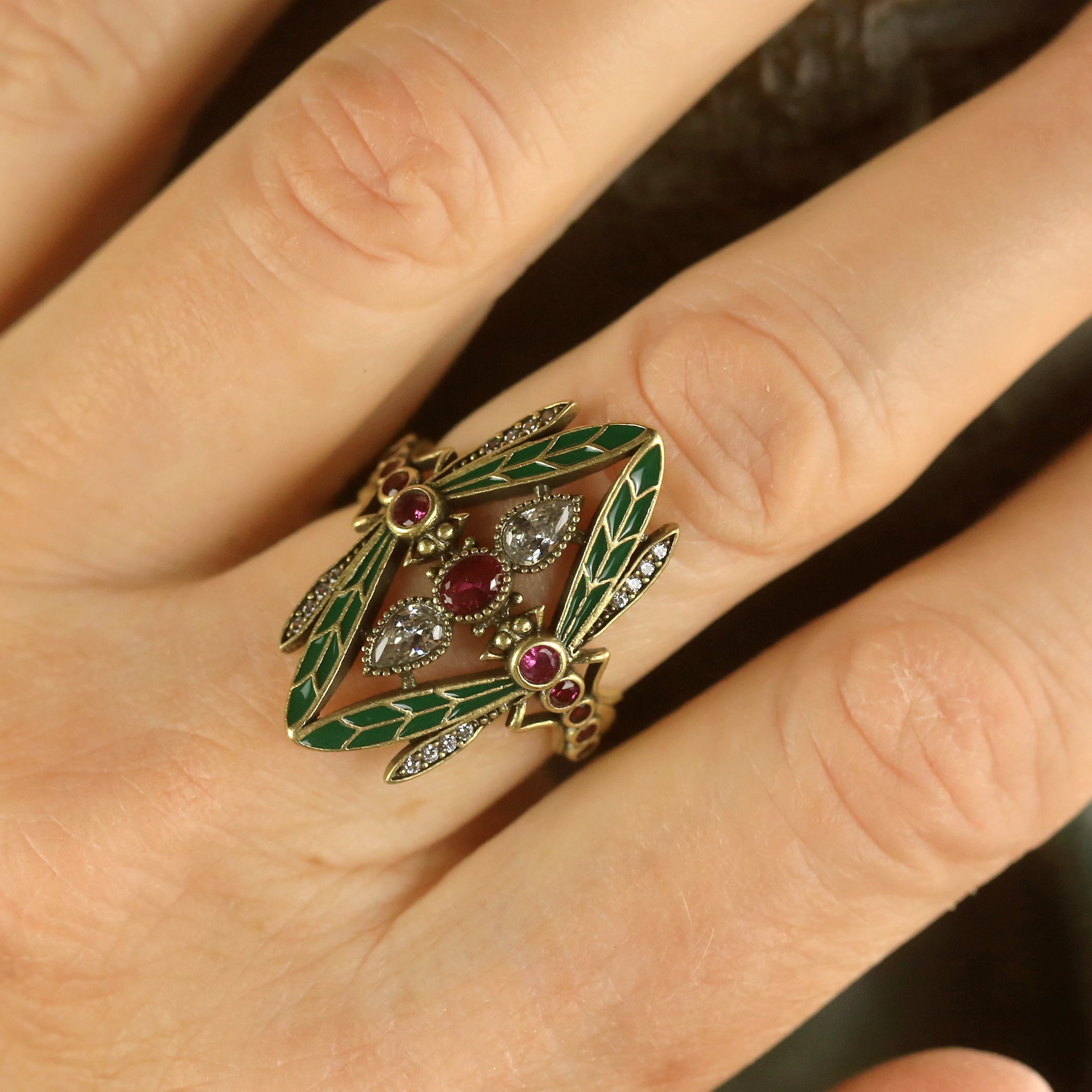 Ring Bague Adjustable Art Nouveau Dragonfly Green Wing CZ Red Green SB41