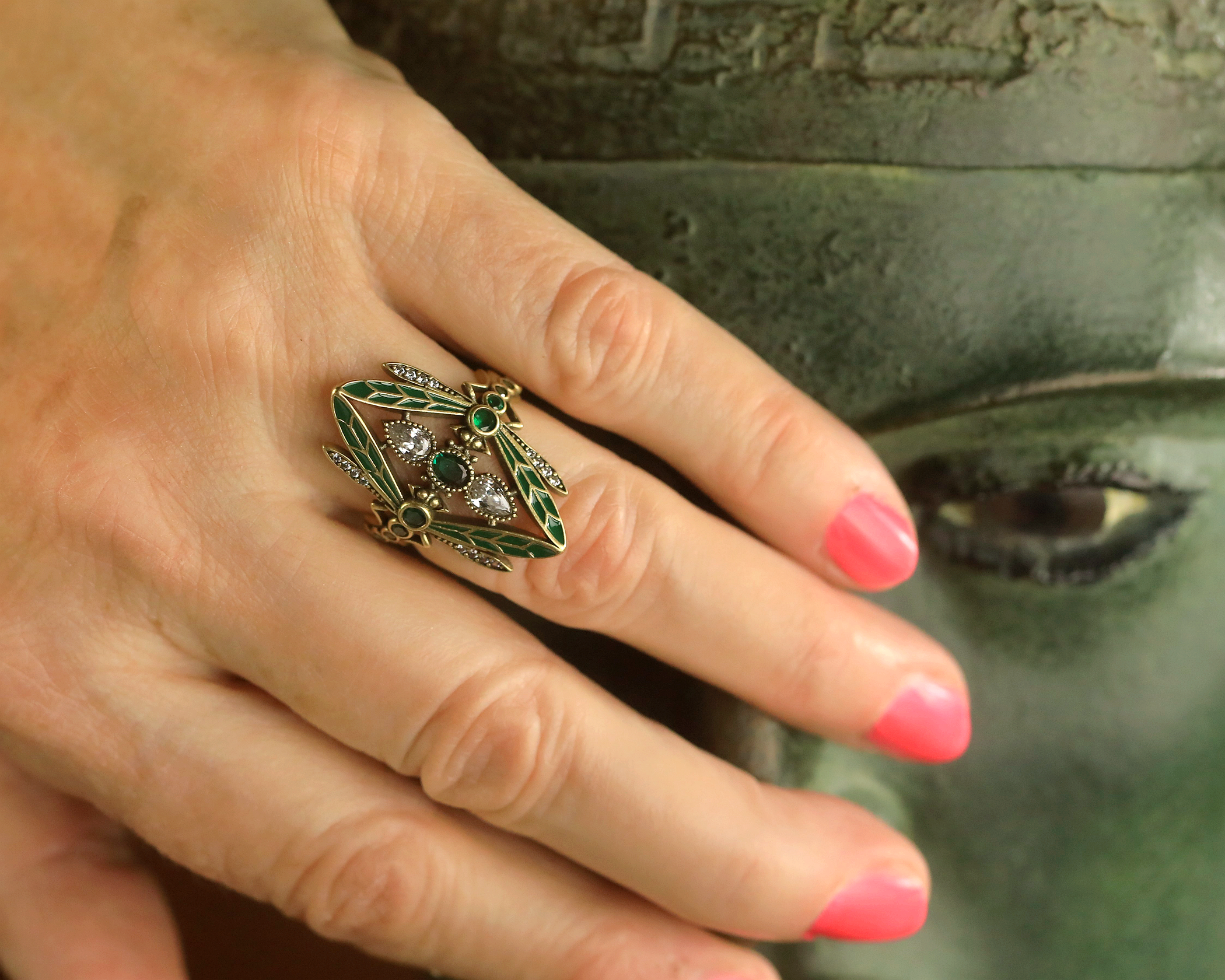 Ring Bague Adjustable Art Nouveau Dragonfly Green Wing CZ Red Green SB41