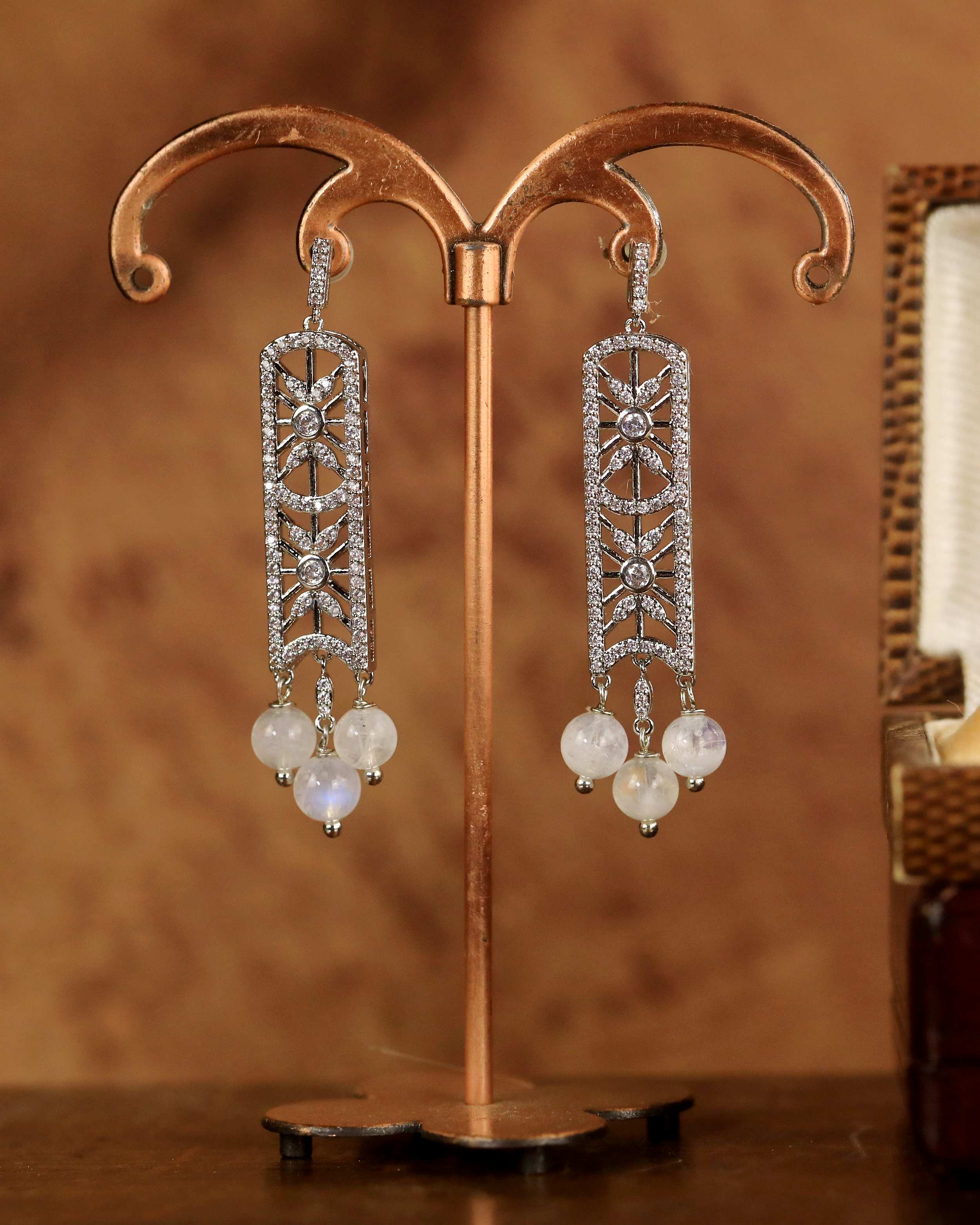 Earrings Clous Art Deco White CZ Lacework Pearl Jade Lapis Moonstone Bridal EH2