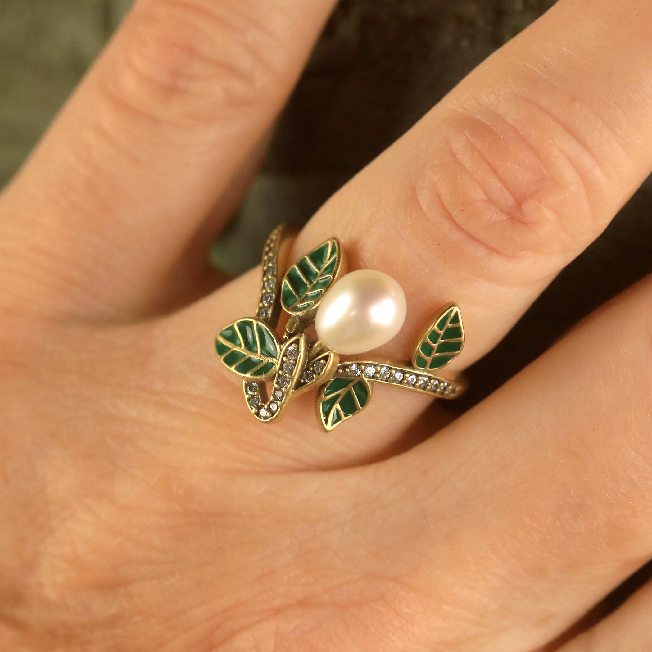 Ring Bague Adjustable Art Nouveau Leaves Encrusted CZ BE6