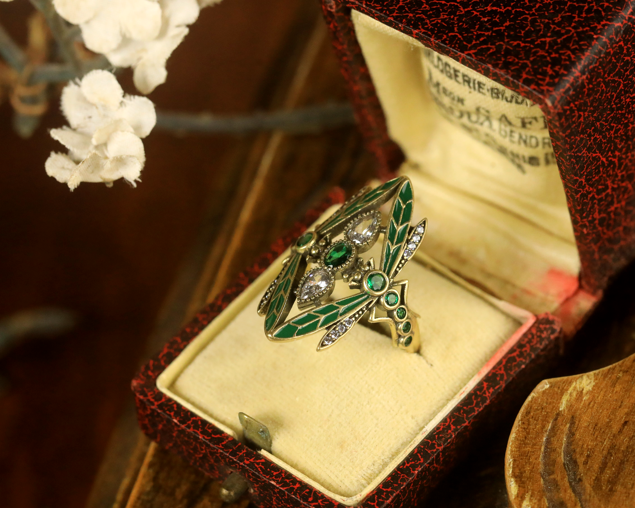 Ring Bague Adjustable Art Nouveau Dragonfly Green Wing CZ Red Green SB41