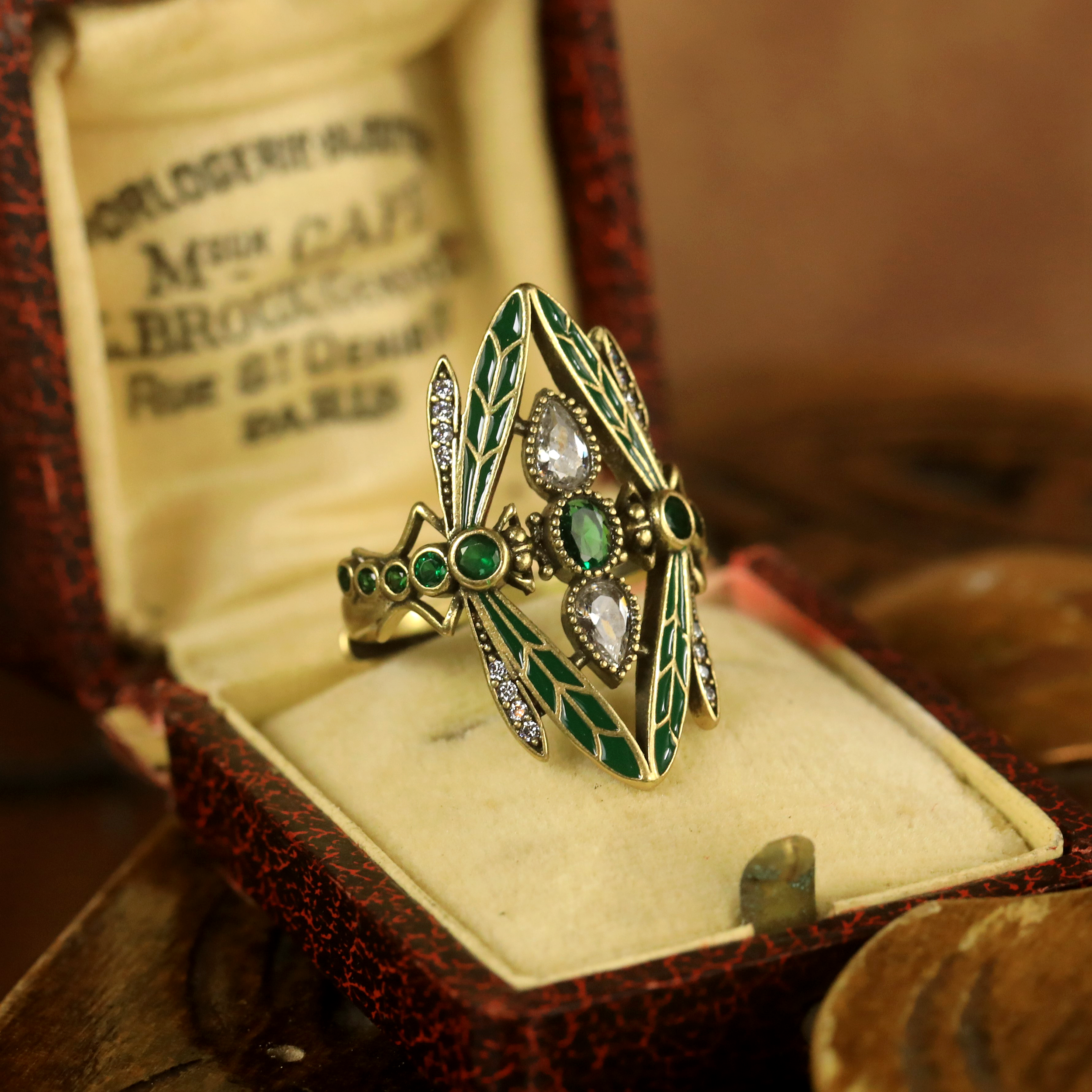 Ring Bague Vermeil Adjustable Art Nouveau Dragonfly Green Wing CZ Red SB41