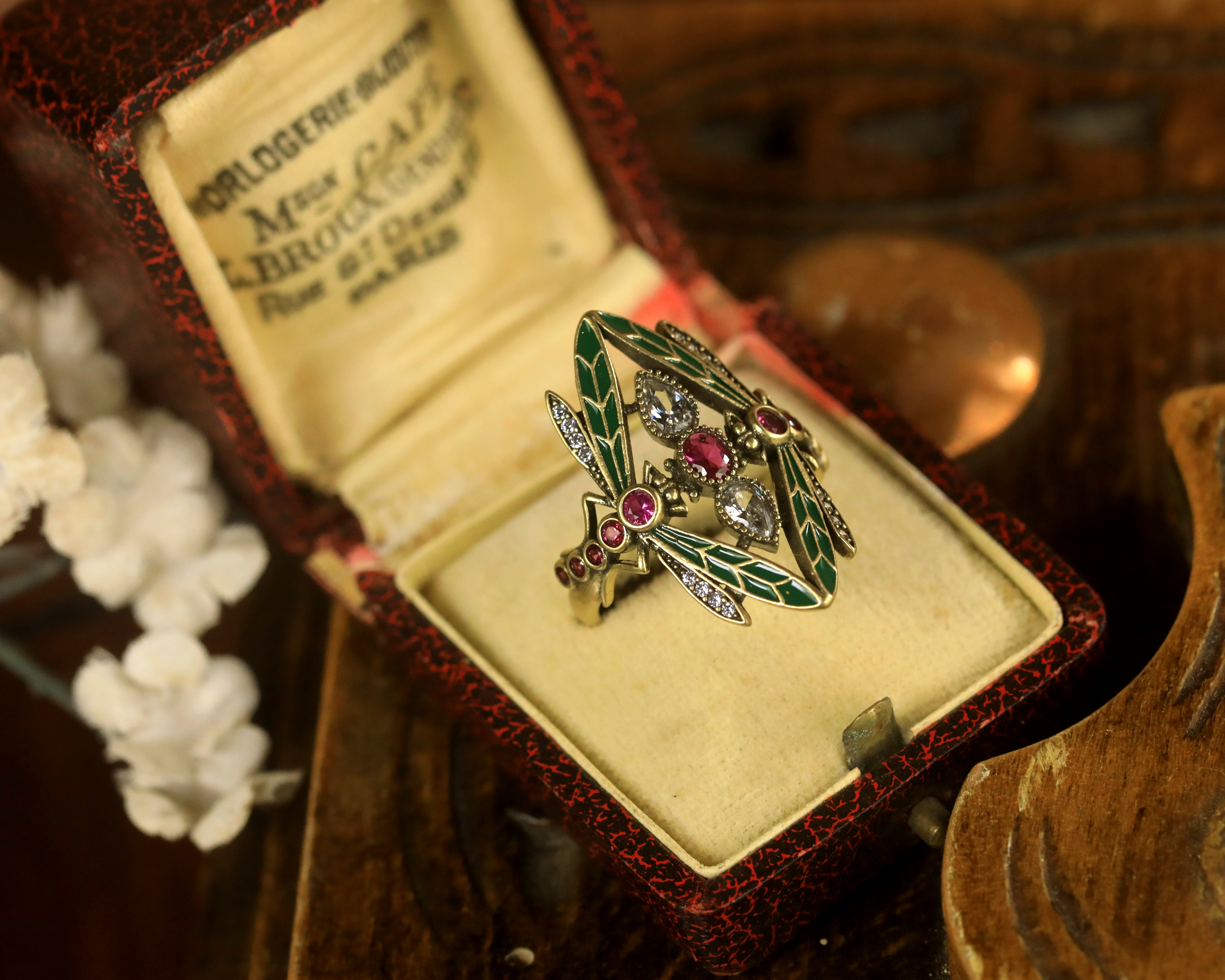 Ring Bague Adjustable Art Nouveau Dragonfly Green Wing CZ Red Green SB41