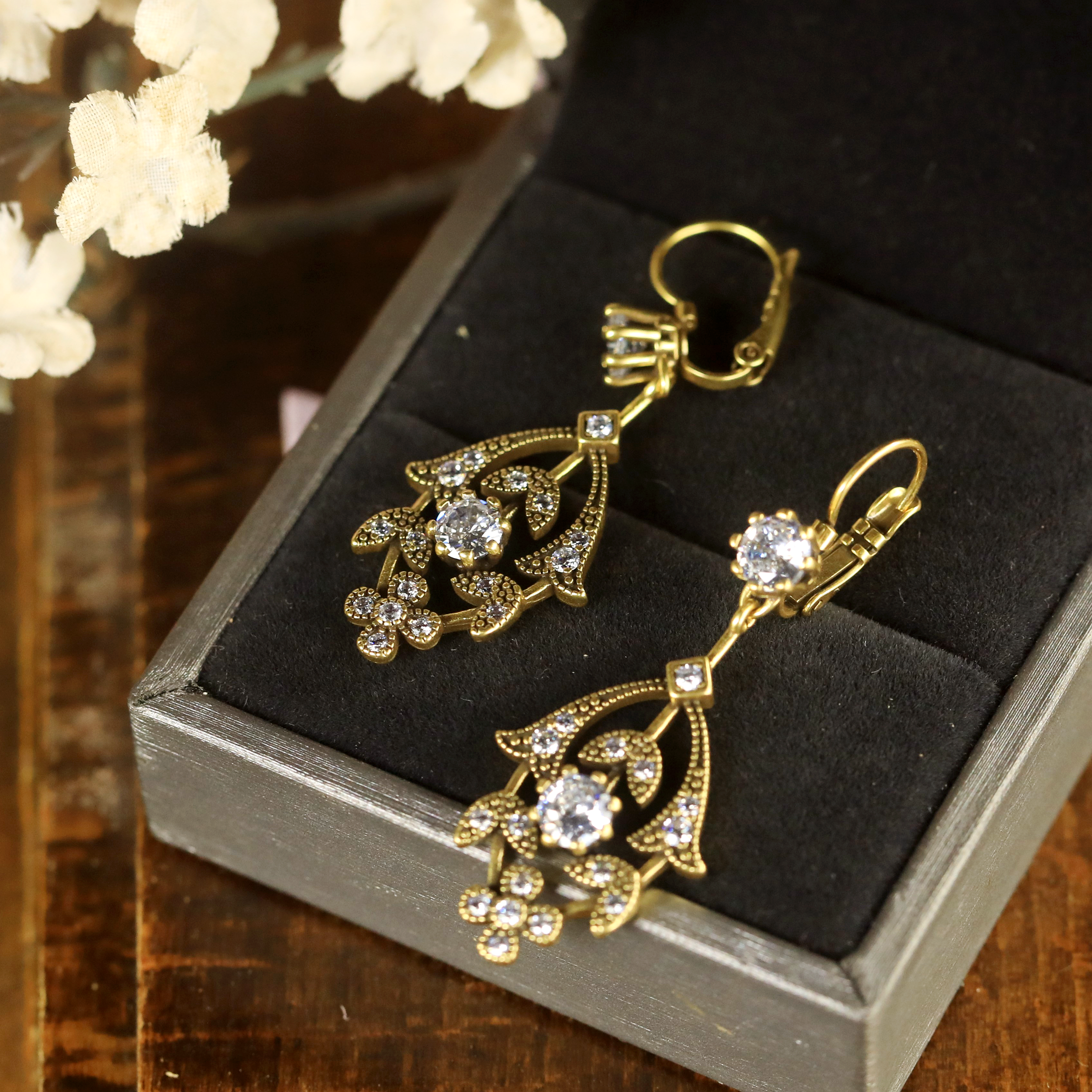 Earrings Lever Back Gold Antique Lily Flower CZ Encrusted BE5