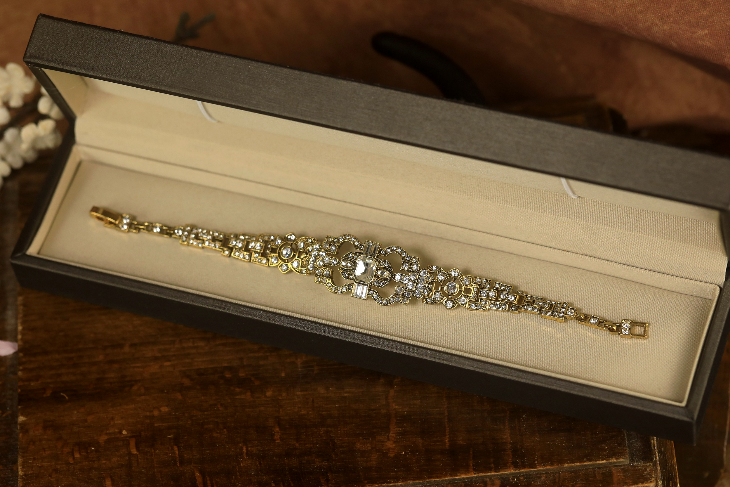 Bracciale Art Déco Argento Con Strass Rettangolari Blu - Stile Great Gatsby QD30 - Foto 2