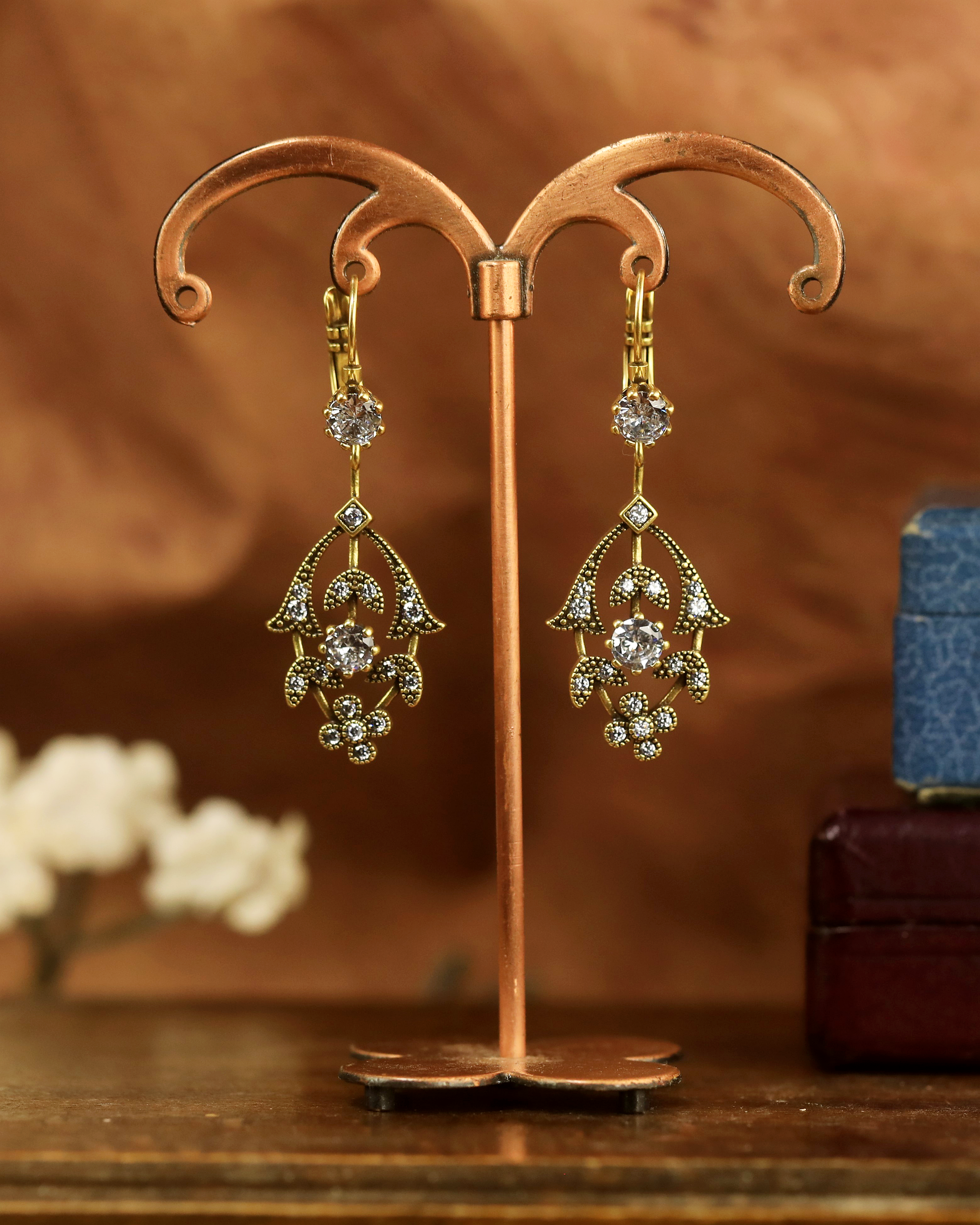 Earrings Lever Back Gold Antique Lily Flower CZ Encrusted BE5