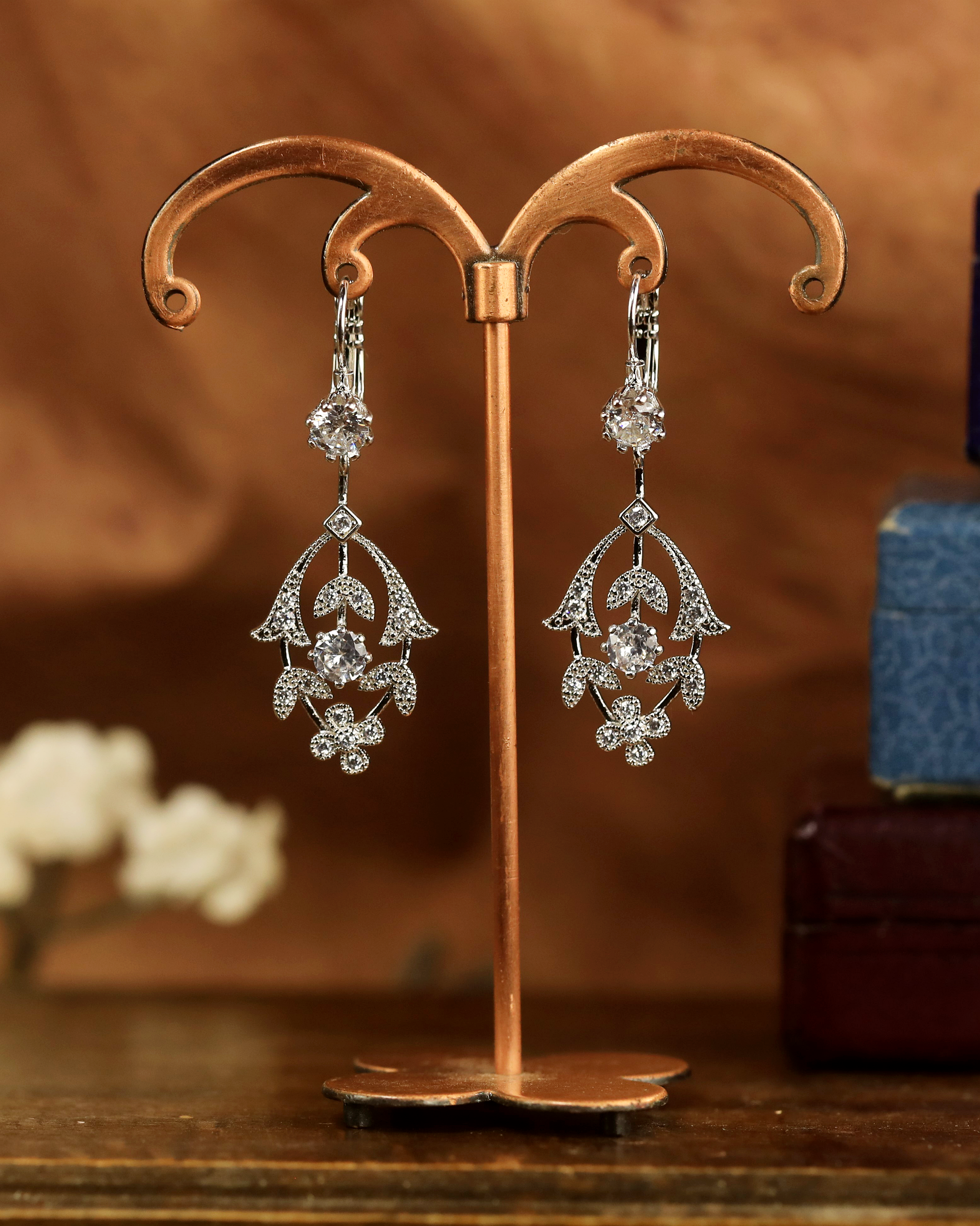 Earrings Lever Back Silver Lily Flower CZ White Green Blue SB1