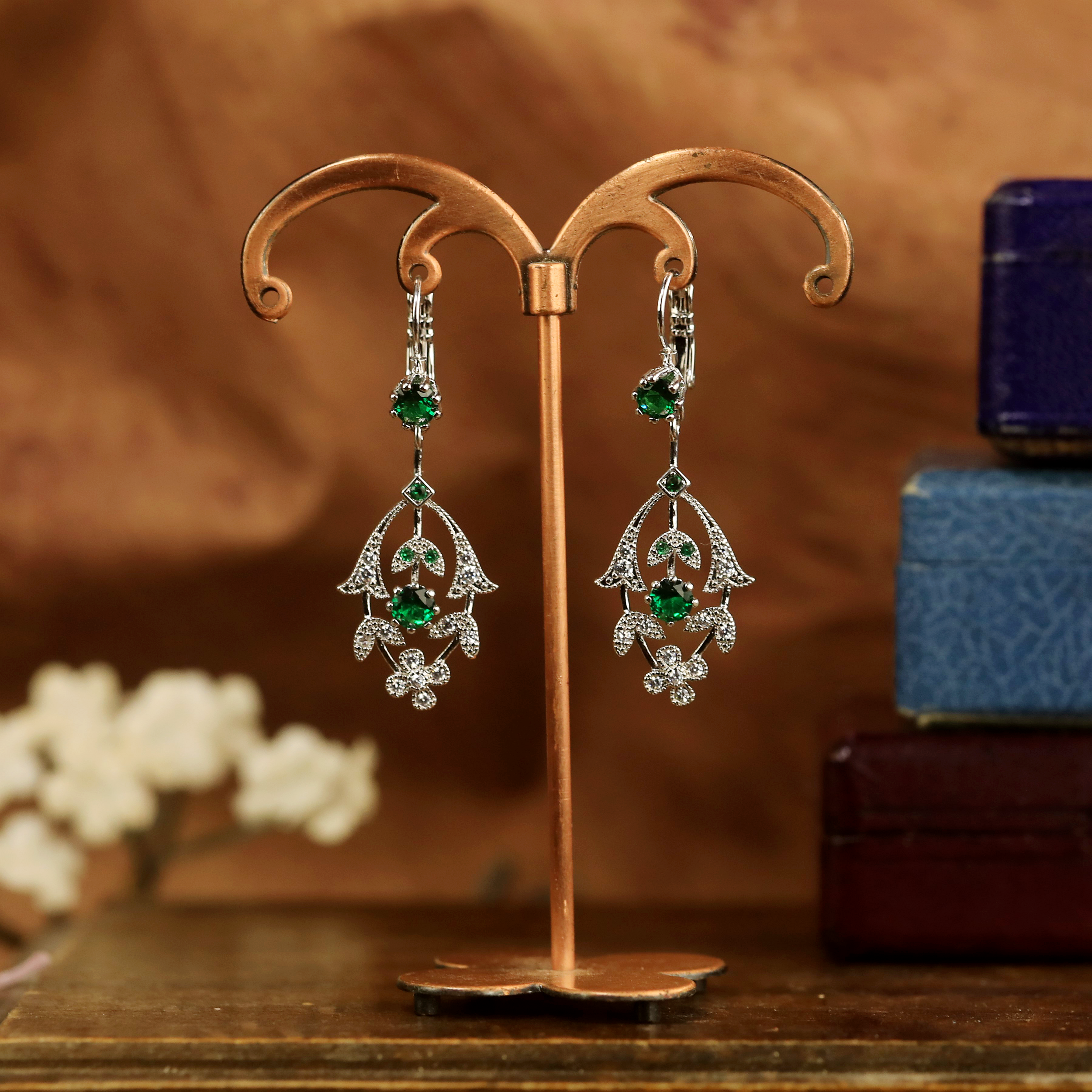 Earrings Lever Back Silver Lily Flower CZ White Green Blue SB1