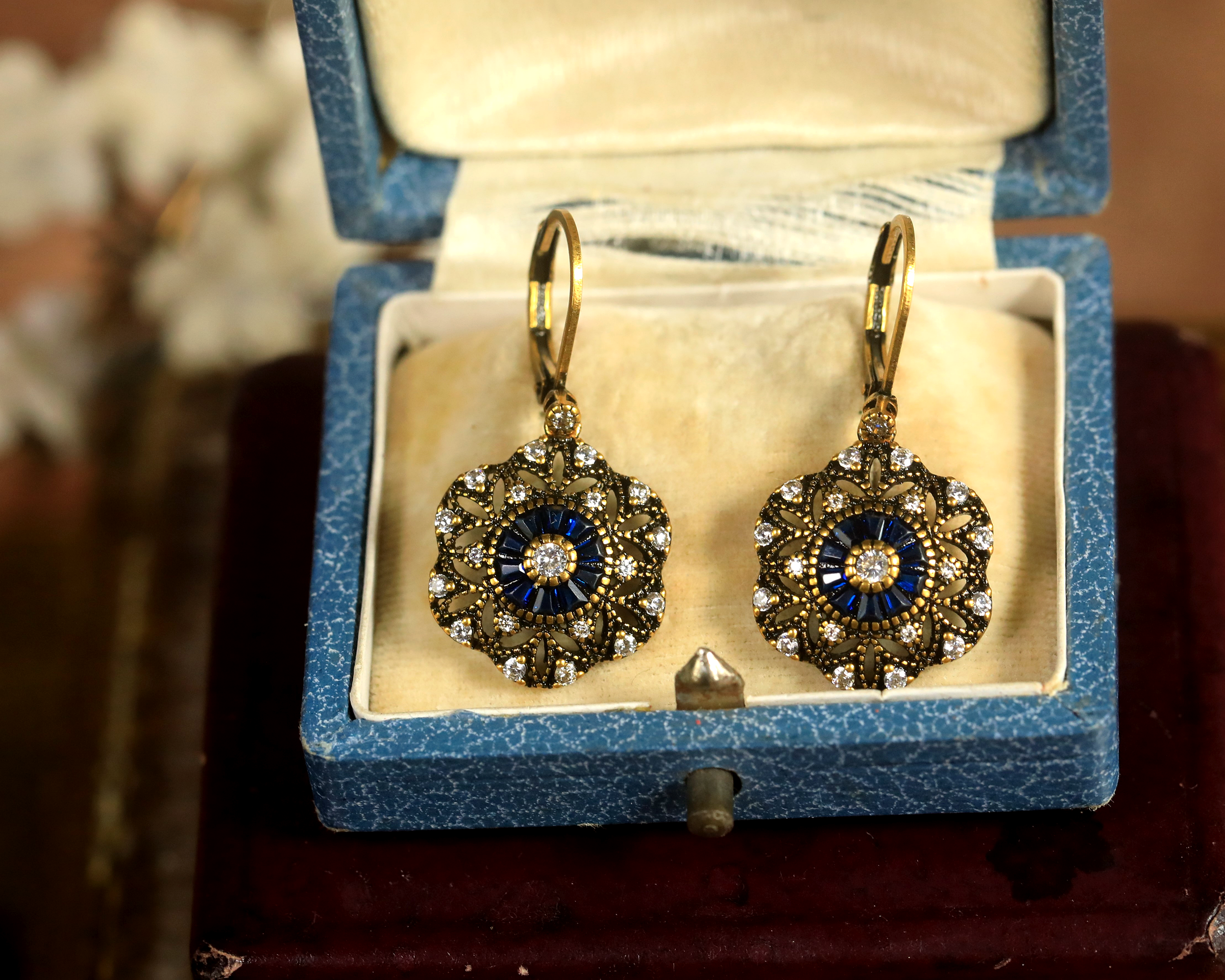 Earrings Gold Lever back Belle Epoque Floral CZ Blue Green White BE5