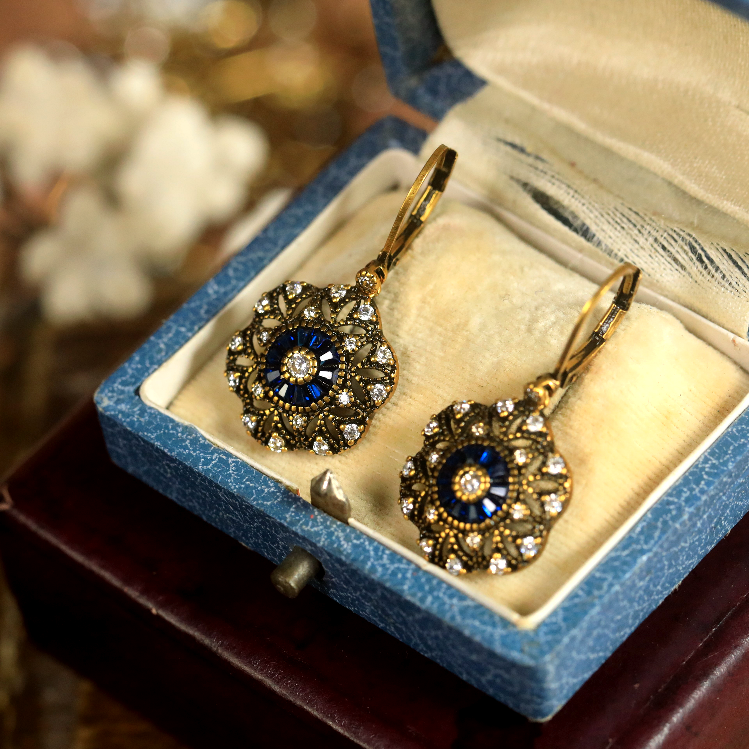 Earrings Gold Lever back Belle Epoque Floral CZ Blue Green White BE5