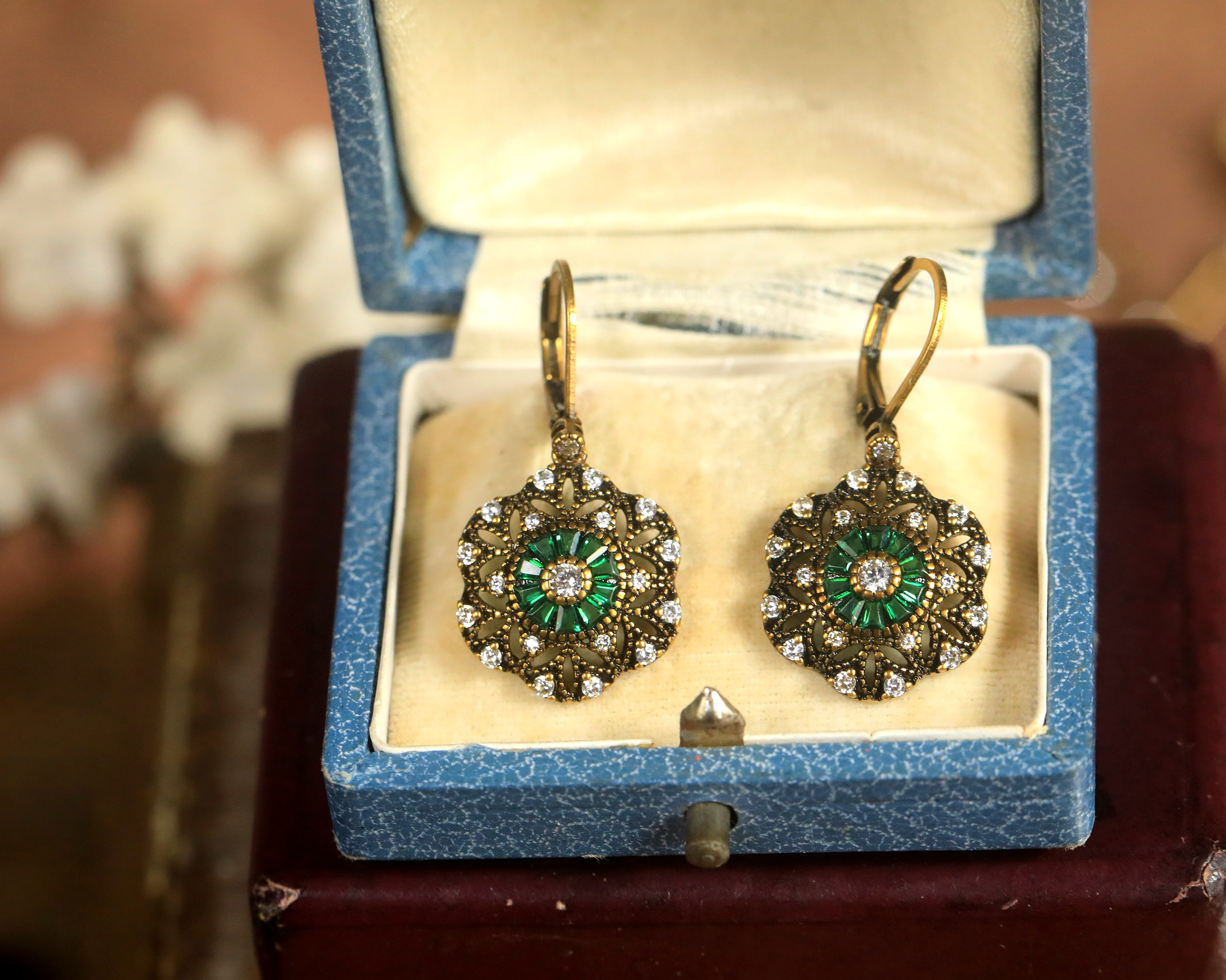 Earrings Gold Lever back Belle Epoque Floral CZ Blue Green White BE5