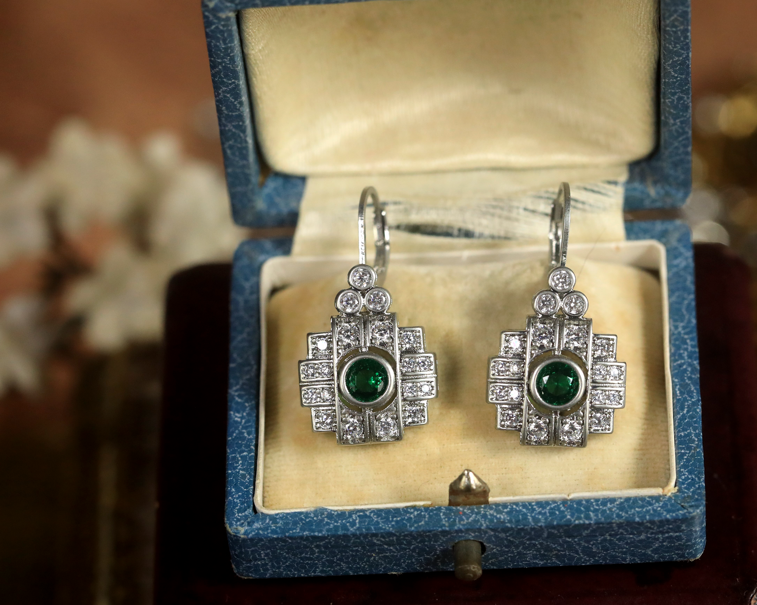 Earrings Silver Lever back Art Deco CZ Blue Green White BE5