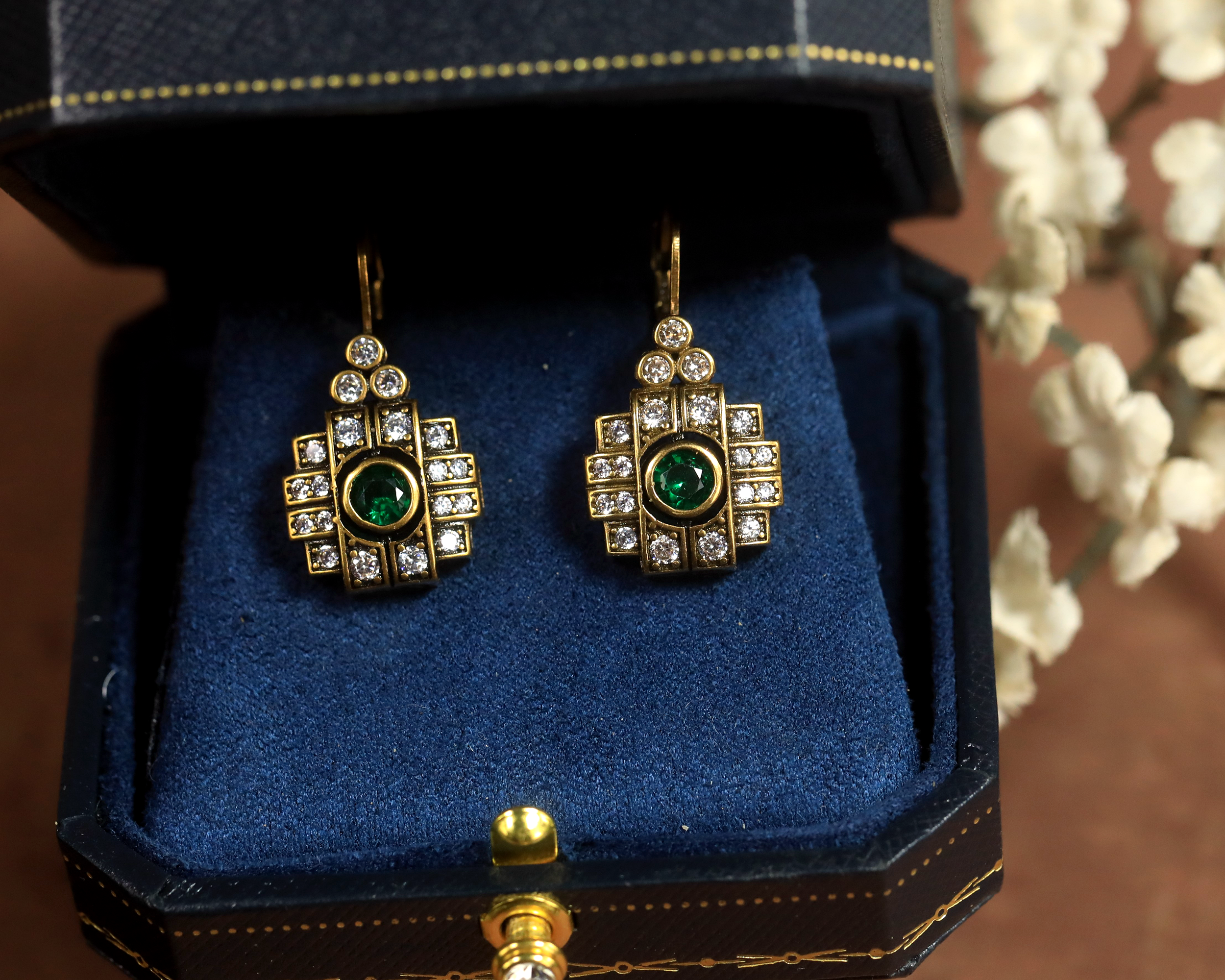 Earrings Lever back Art Deco CZ Blue Green White BE5