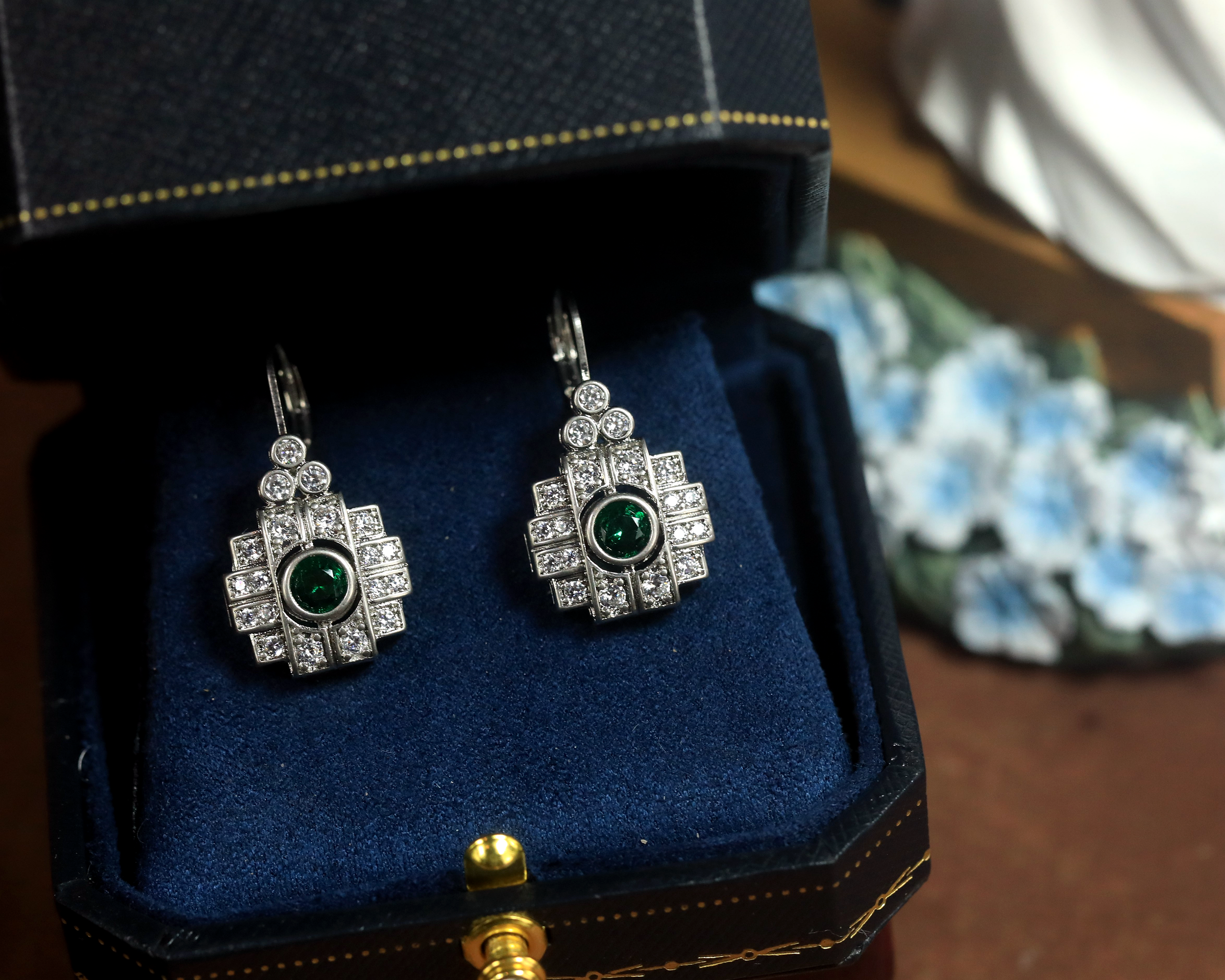 Earrings Silver Lever back Art Deco CZ Blue Green White BE5