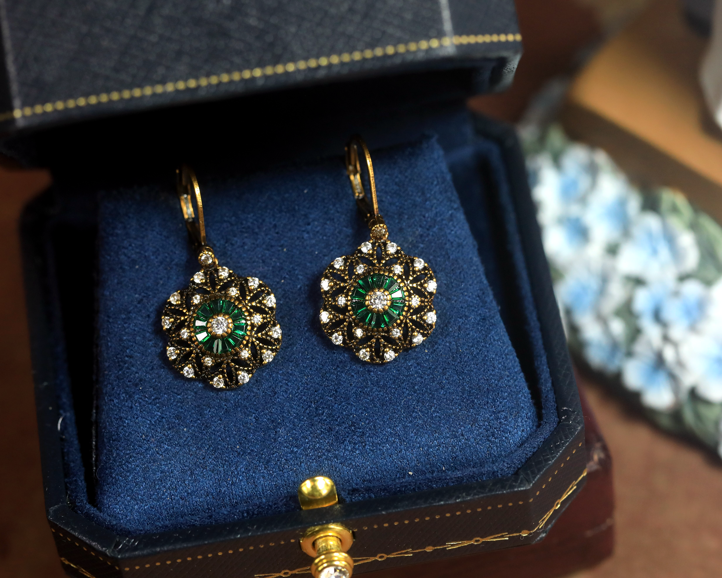 Earrings Gold Lever back Belle Epoque Floral CZ Blue Green White BE5