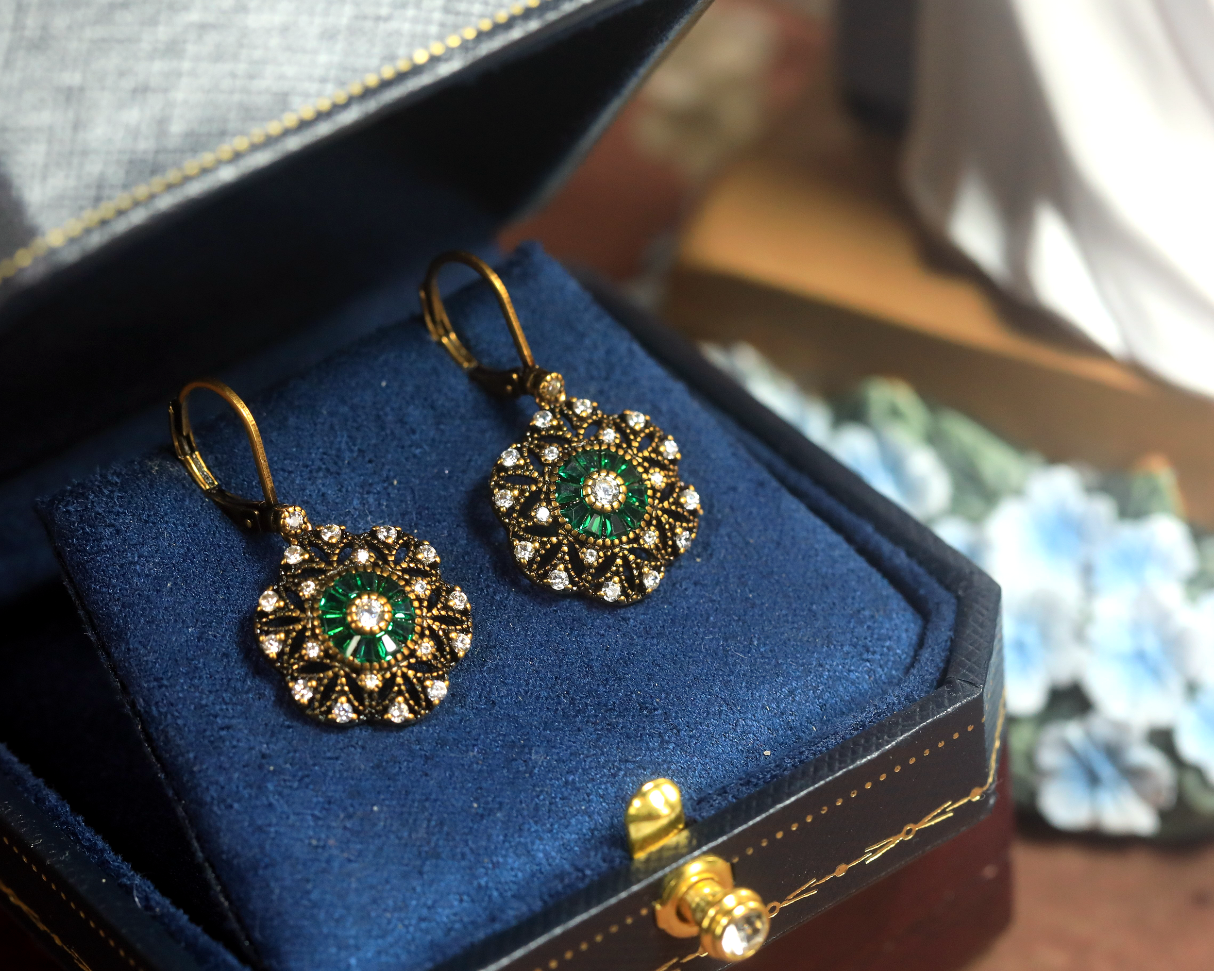 Earrings Gold Lever back Belle Epoque Floral CZ Blue Green White BE5