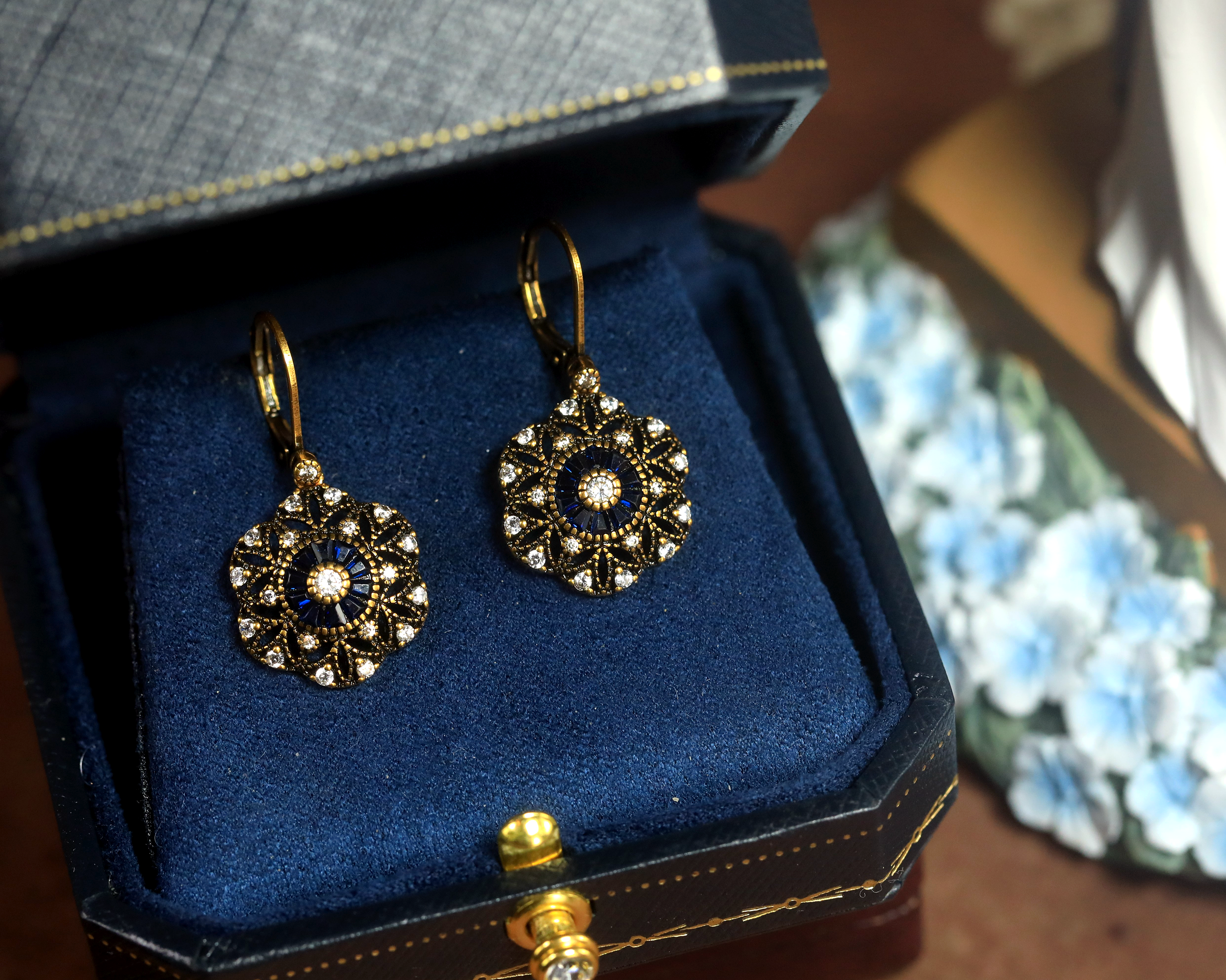 Earrings Gold Lever back Belle Epoque Floral CZ Blue Green White BE5