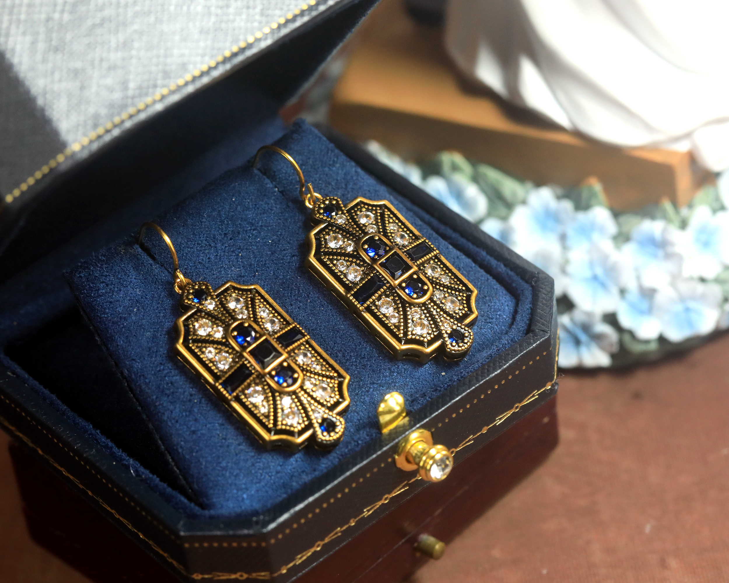 Earrings Gold Lever back Hook Art Deco CZ Blue White SC1