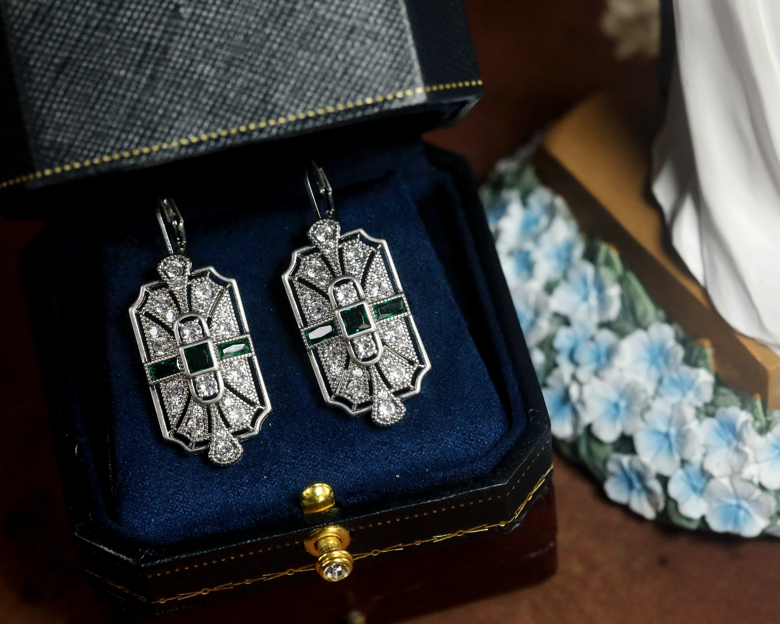 Earrings Silver Lever back Hook Art Deco CZ Blue Green White BE5