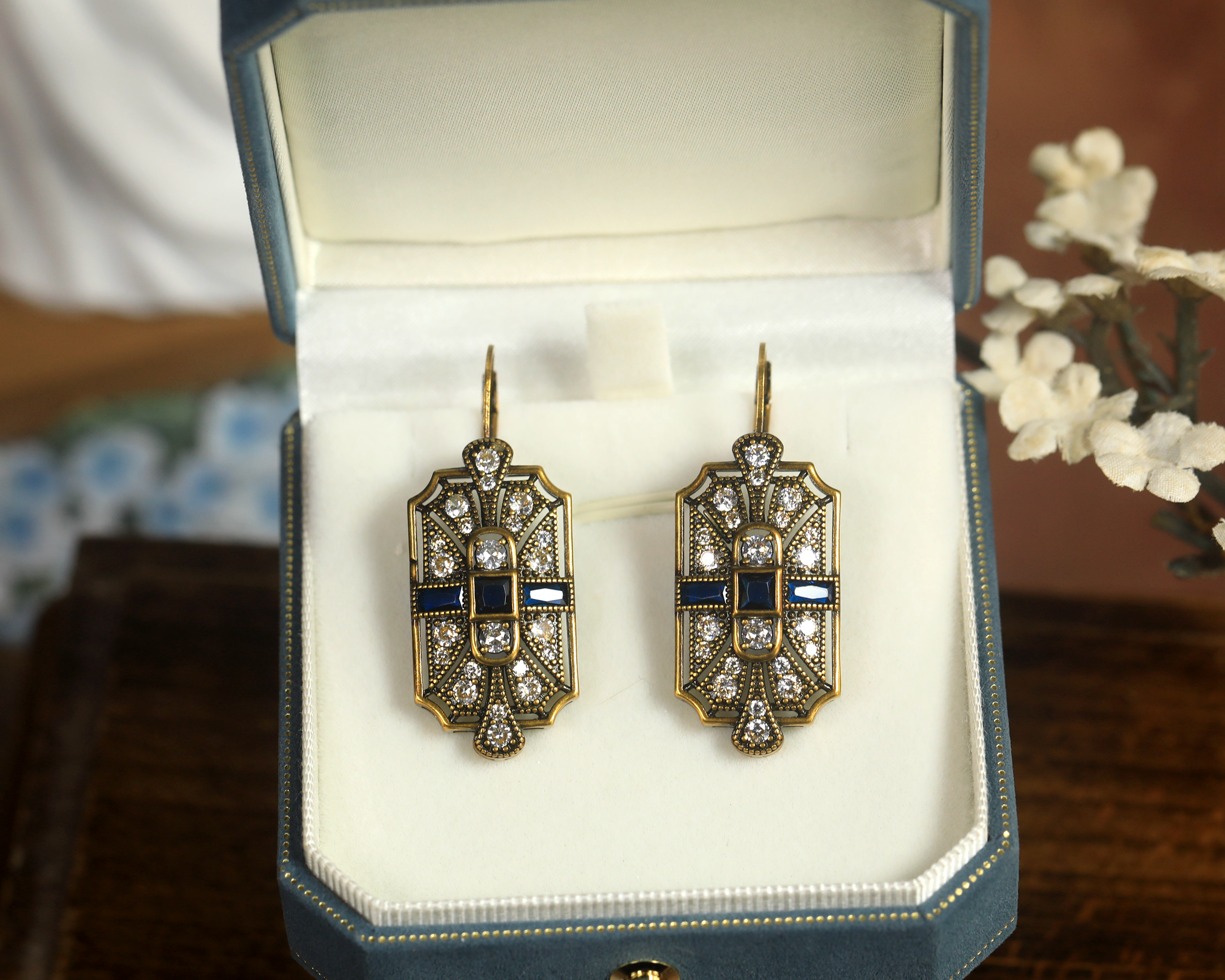 Earrings Gold Lever back Hook Art Deco CZ Blue White SC1