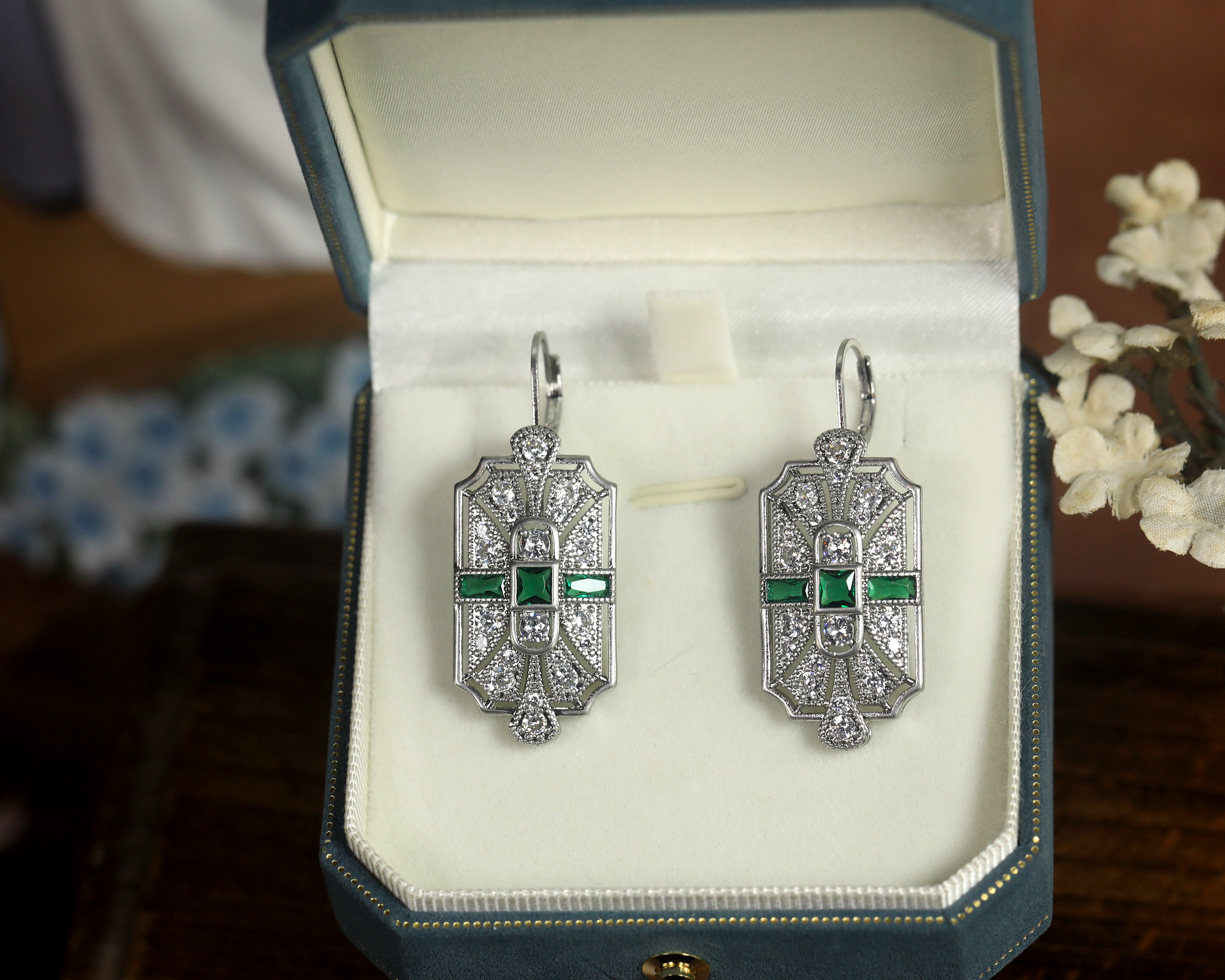 Earrings Silver Lever back Hook Art Deco CZ Blue Green White BE5