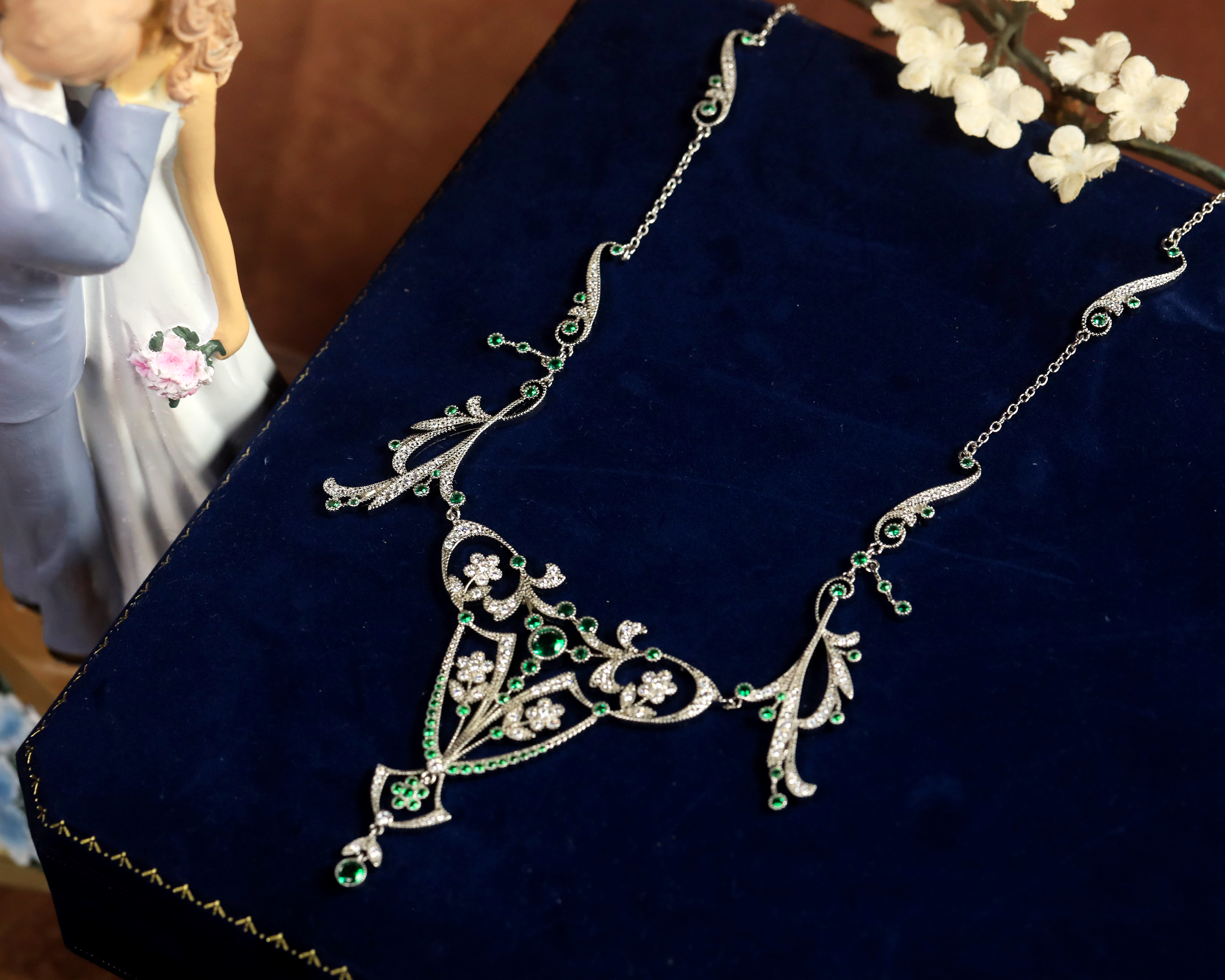 Necklace Belle Epoque Lacework Silver CZ White Green BE8