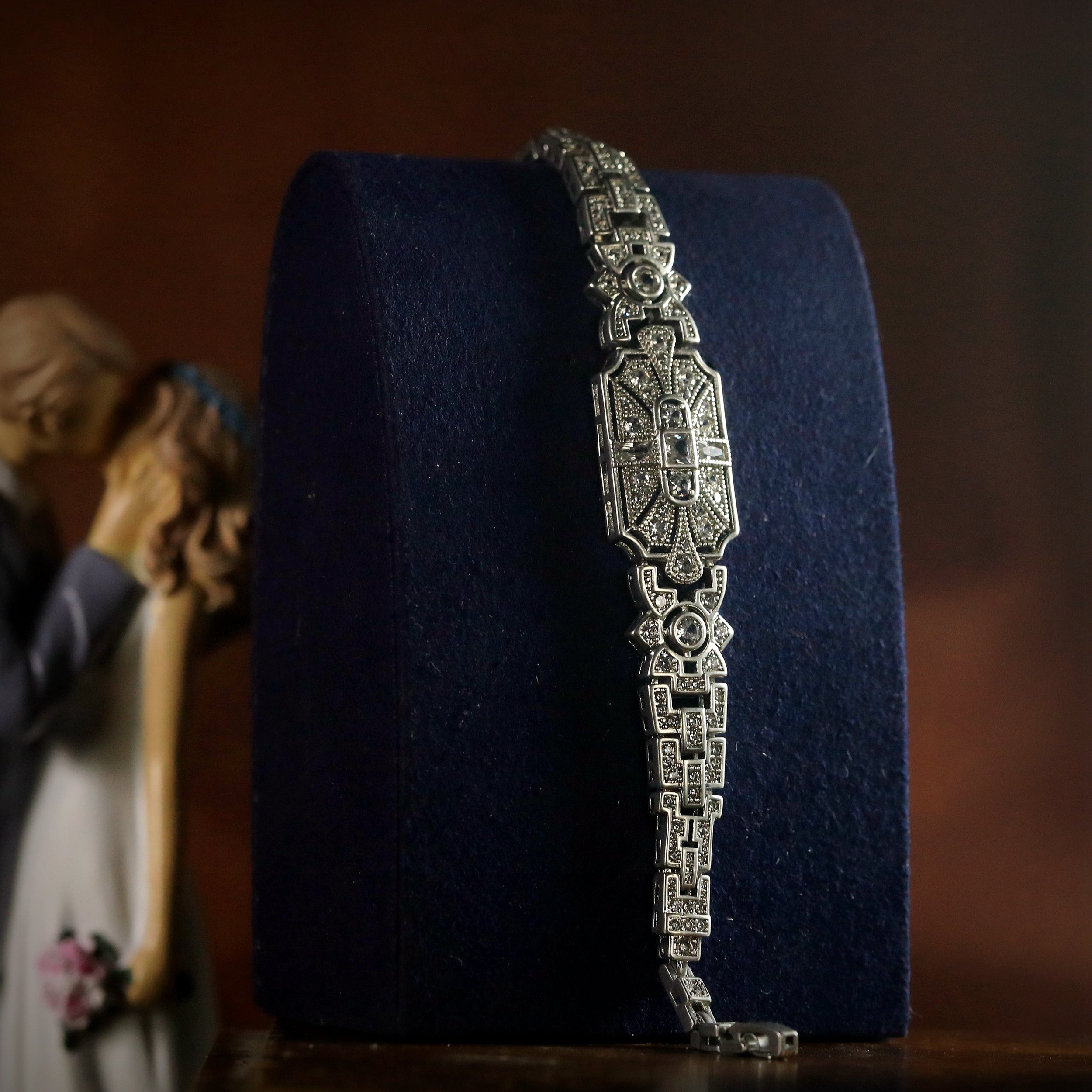 Bracelet Argenté Art Deco Strass Rectangle Bleu Marine 1920s Great Bracelet Argenté Art Deco Strass Rectangle Bleu Marine 1920s Great